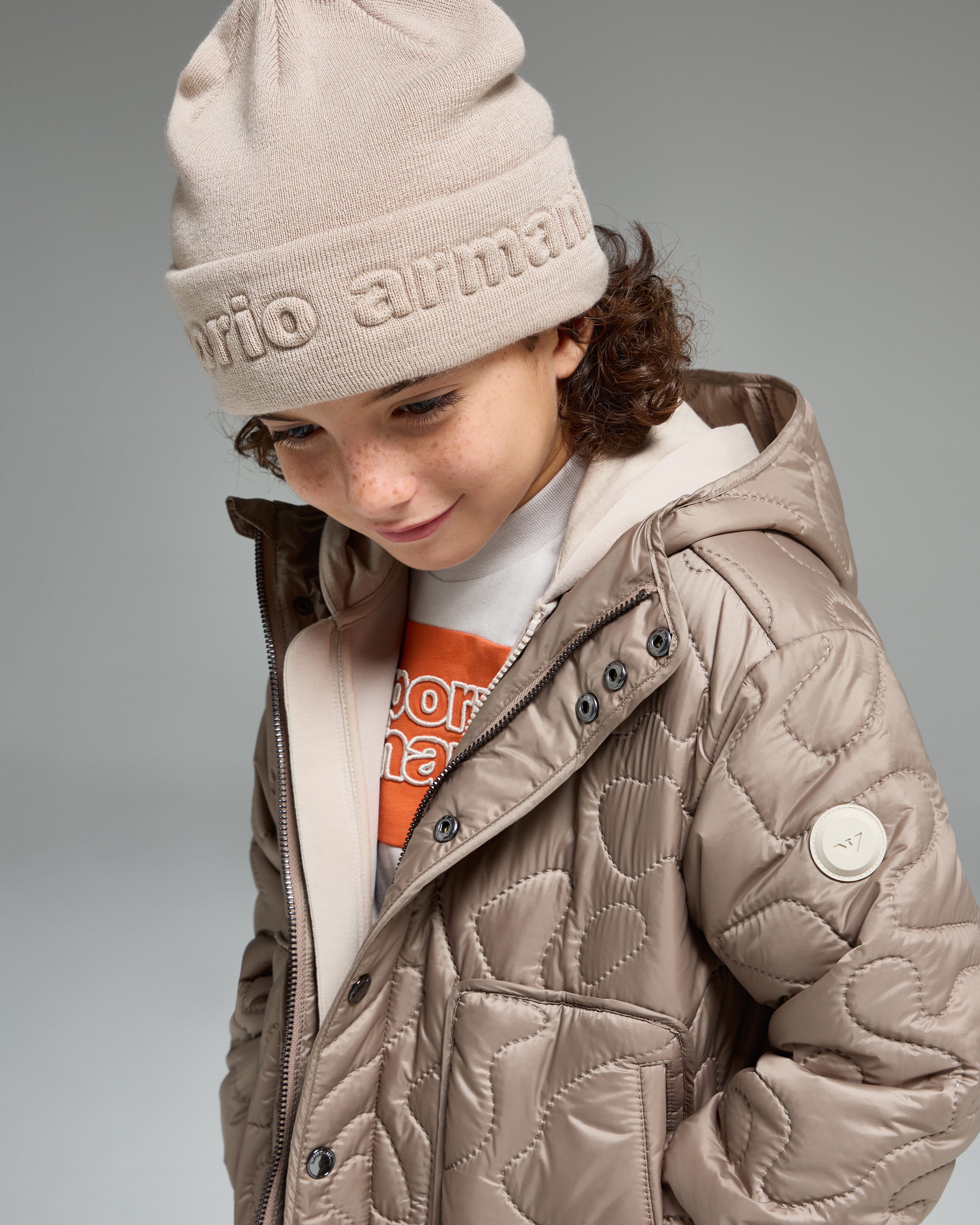 Emporio Armani - Virgin wool-blend beanie with logo, Boy, Beige, Size: