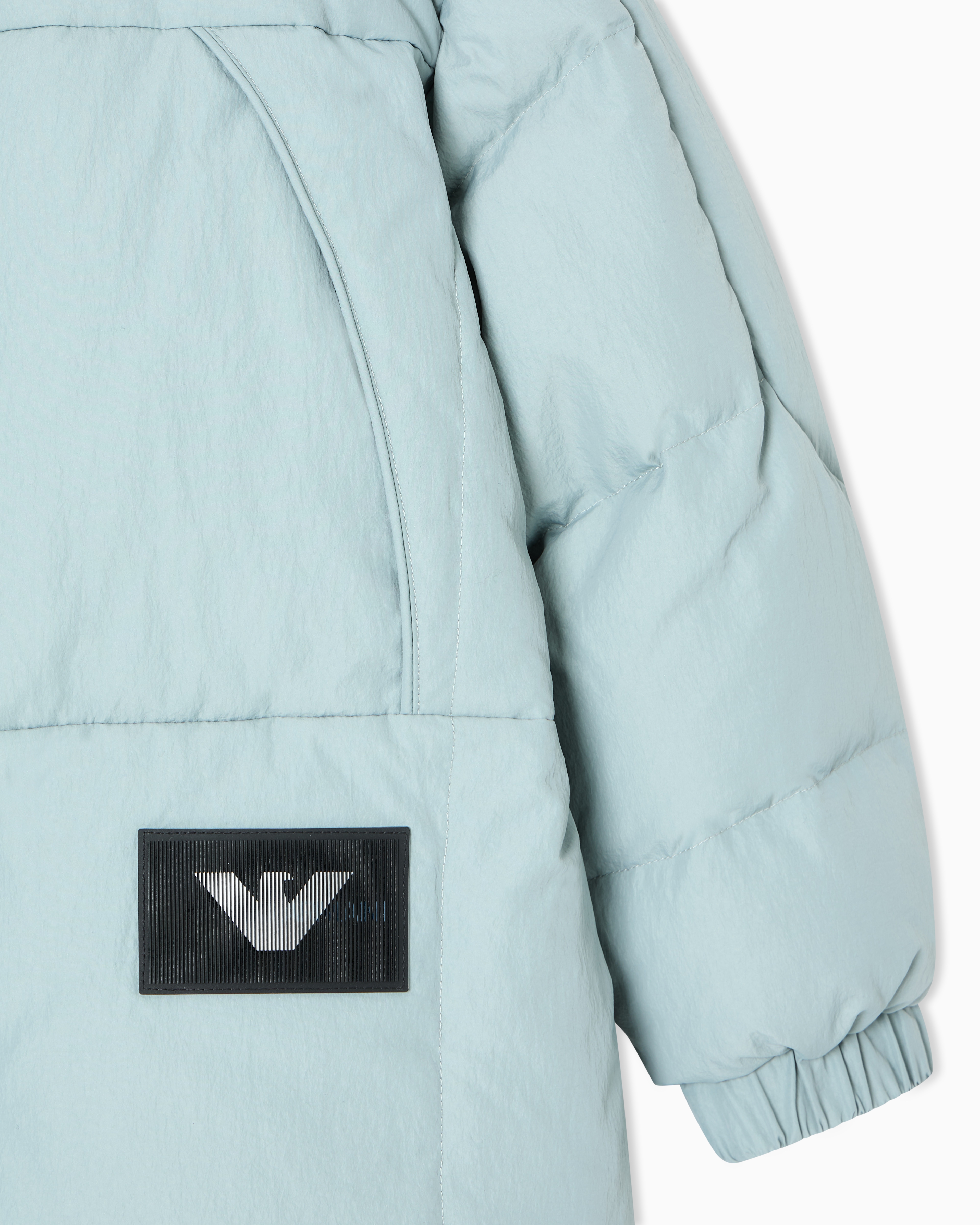 Emporio Armani - ASV long down jacket with logo patch and recycled down, Boy, Light Blue, Size: