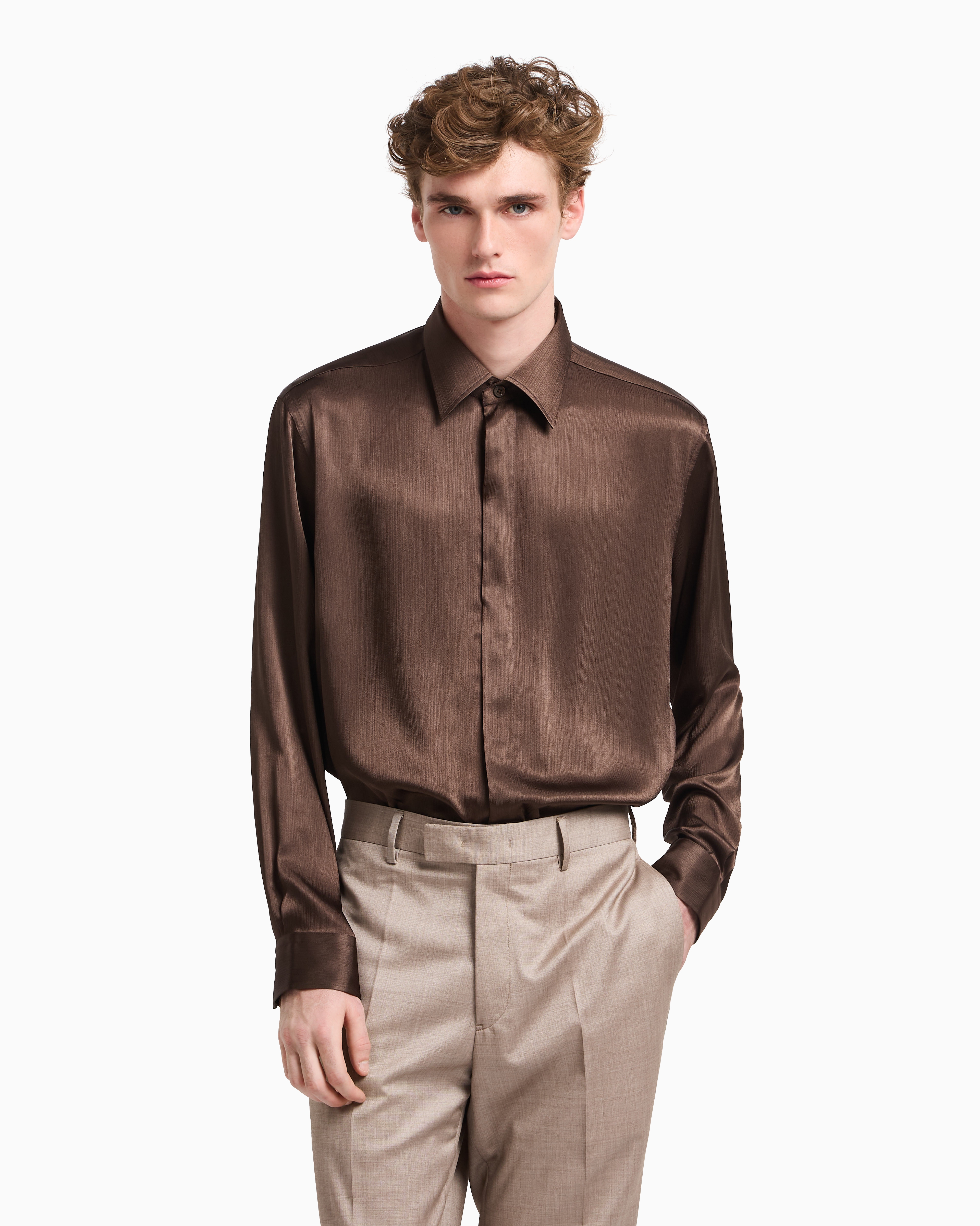Emporio Armani Solid-colour, Pleated Fabric Shirt In Black