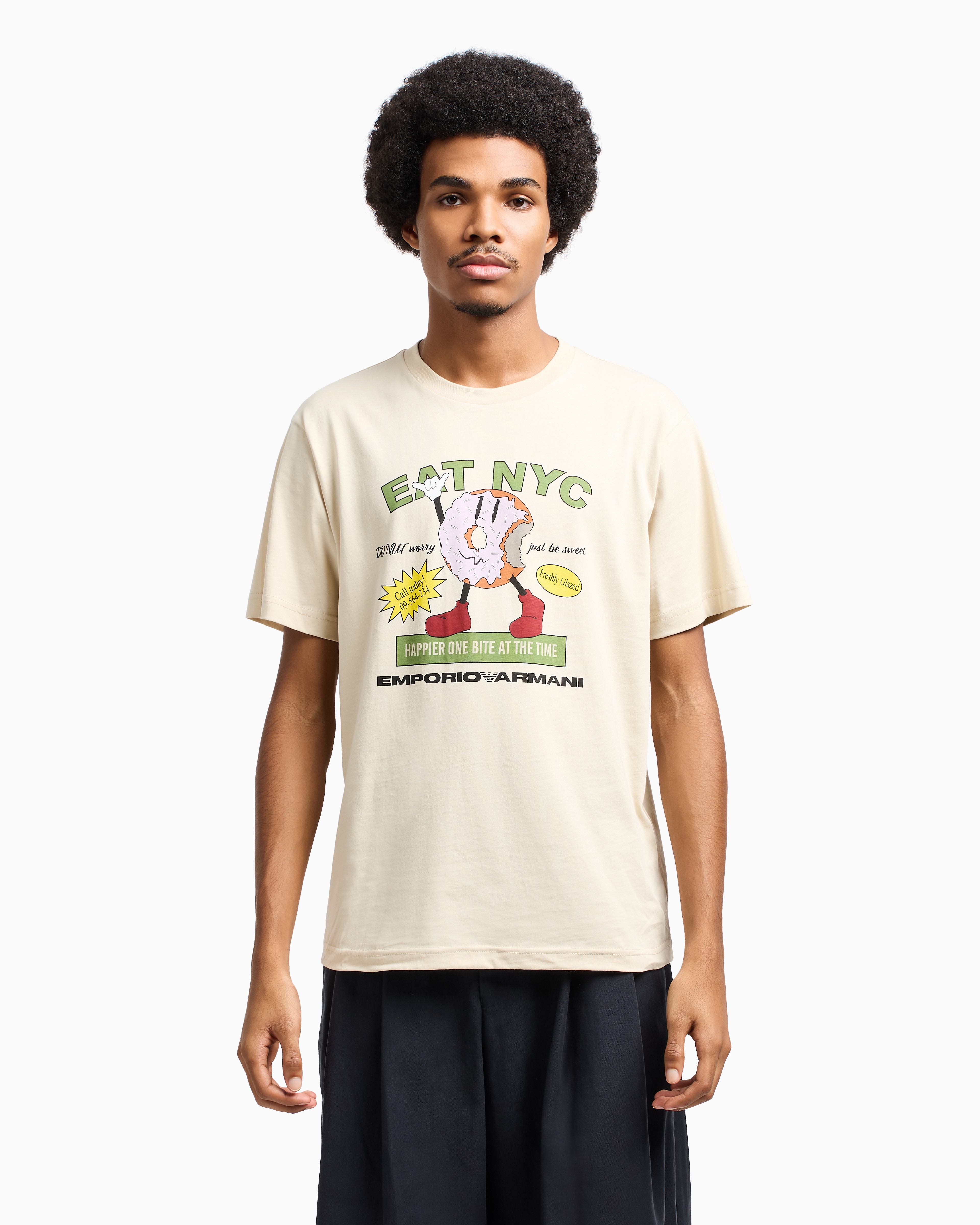 Emporio Armani - New York Capsule Collection EAT NYC print jersey T-shirt, Man, Beige, Size:
