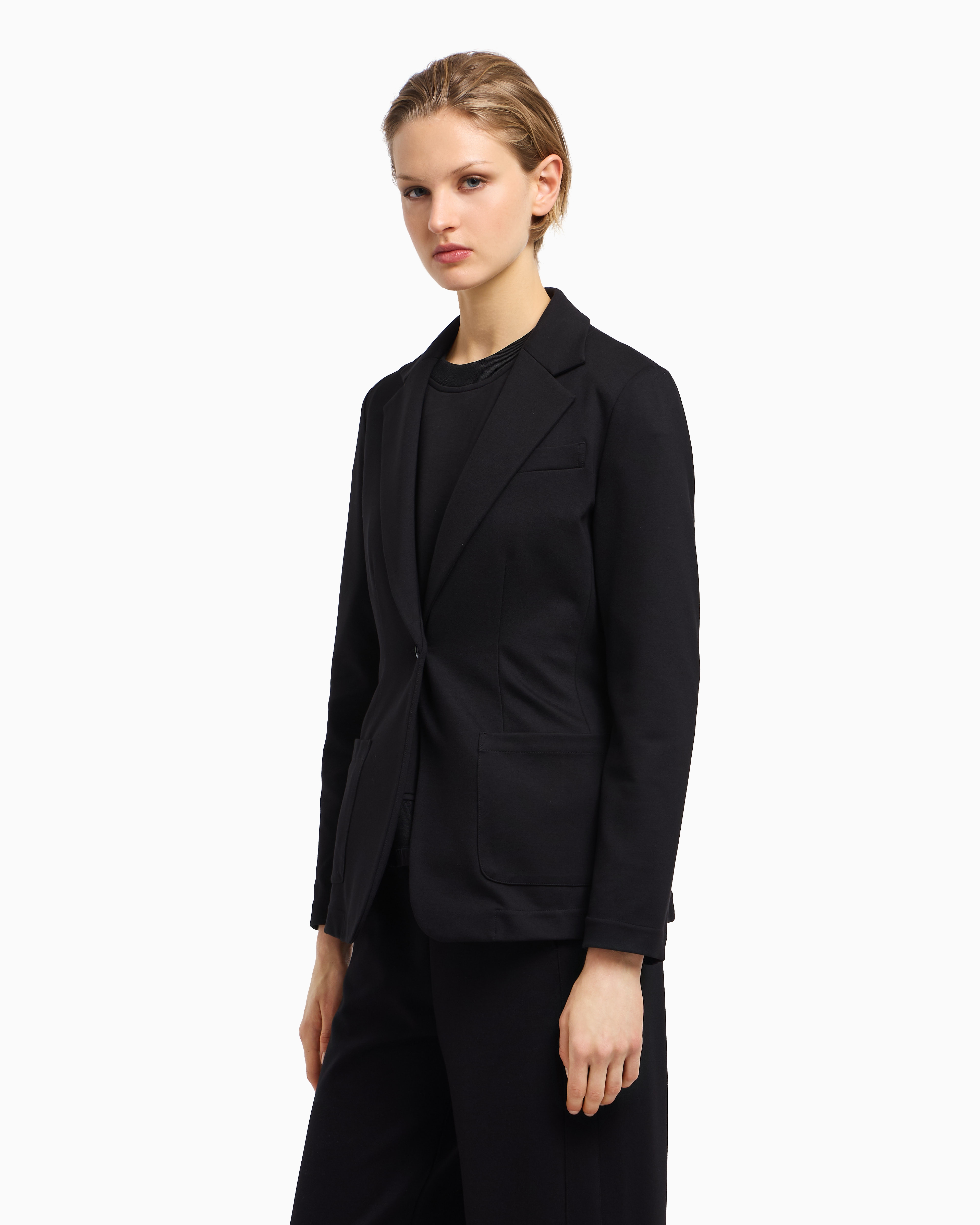 Emporio Armani - Travel Essentials capsule collection single-breasted blazer interlock jersey, Woman, Black, Size: