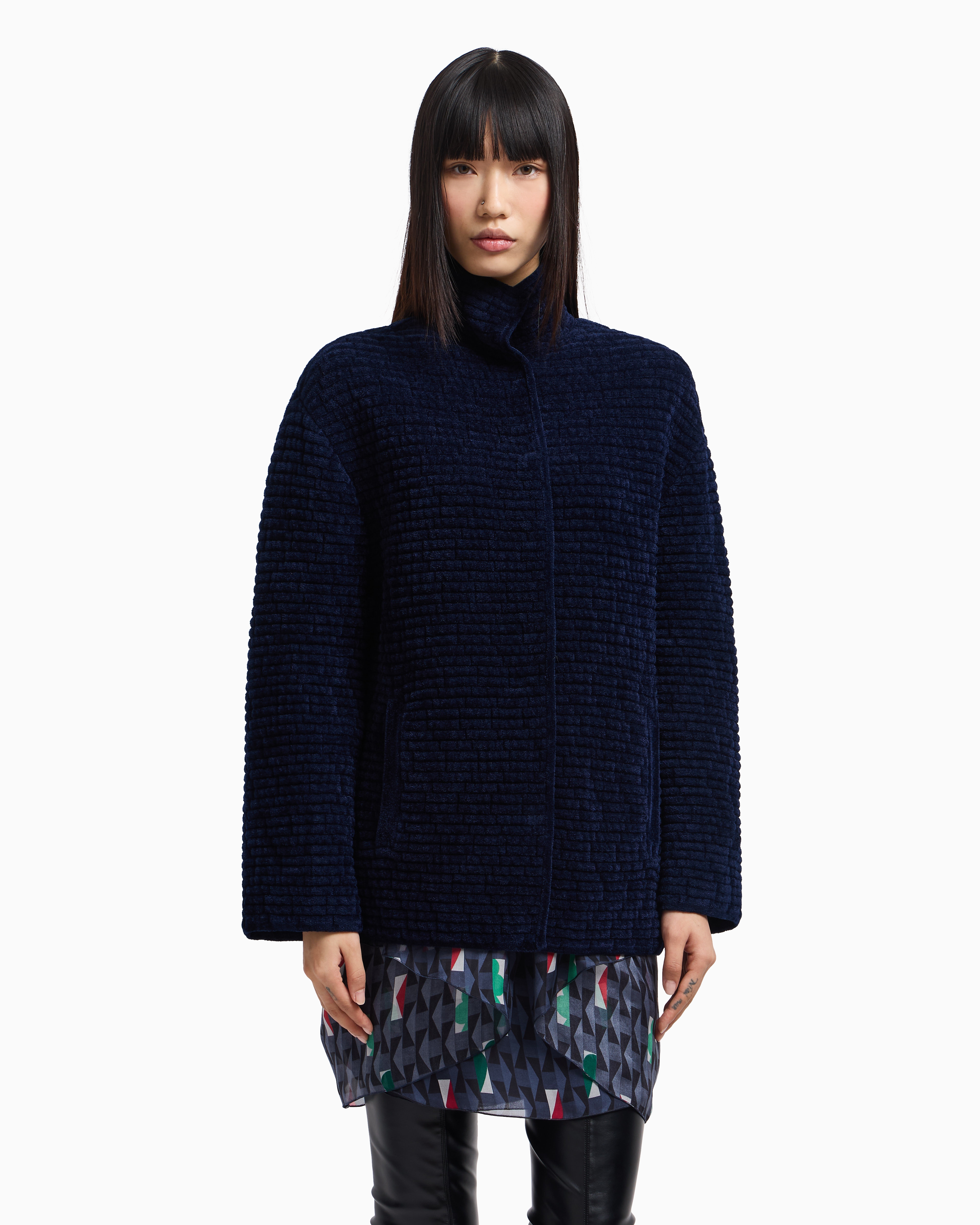 Emporio Armani - Embossed jacquard bonded terry-effect chenille jacket, Woman, Navy Blue, Size: