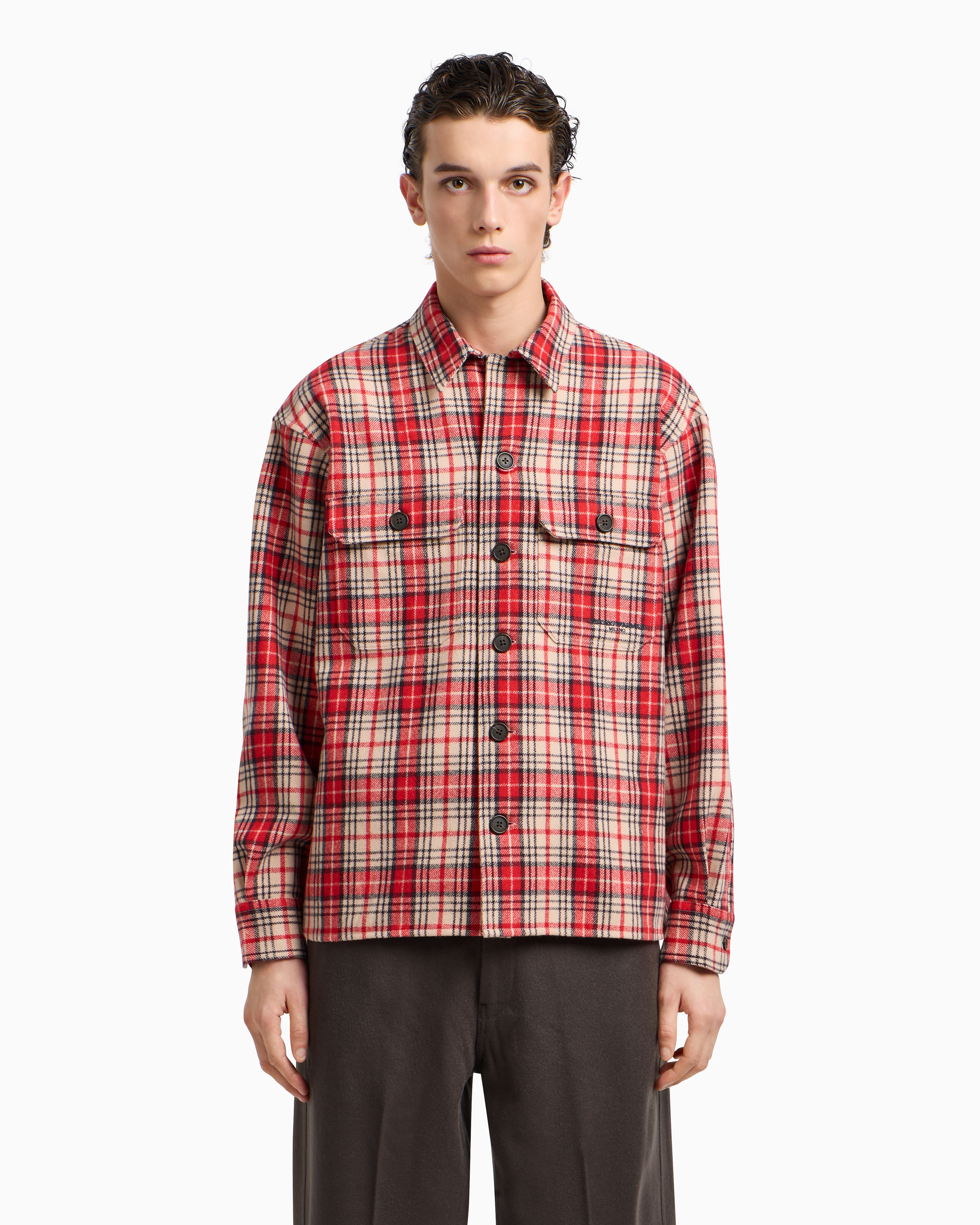 Emporio Armani - Oversized shirt tartan virgin-wool flannel, Man, Patterned, Size: