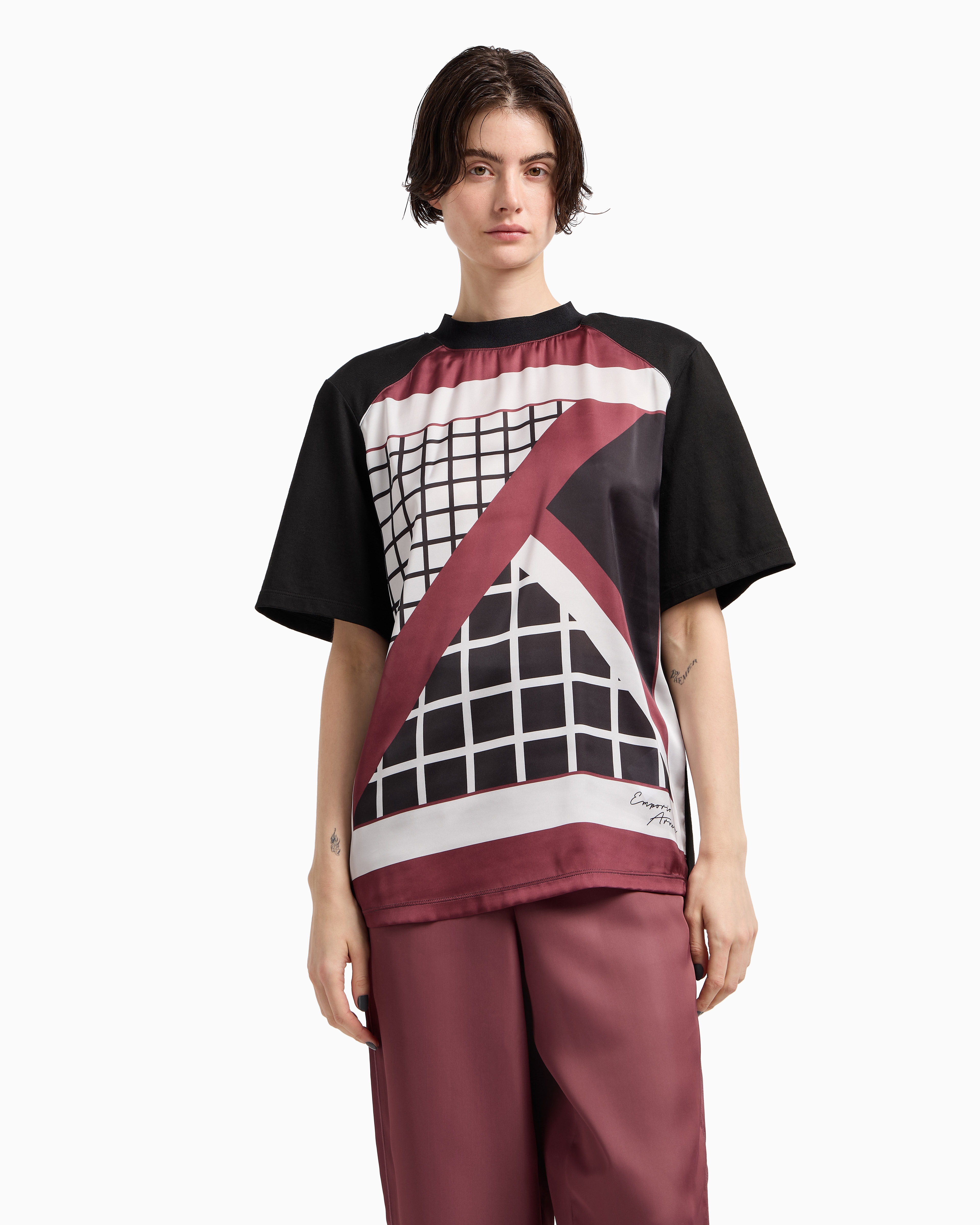 Emporio Armani - Polygon capsule collection heavy jersey T-shirt with printed satin insert, Woman, Black, Size: