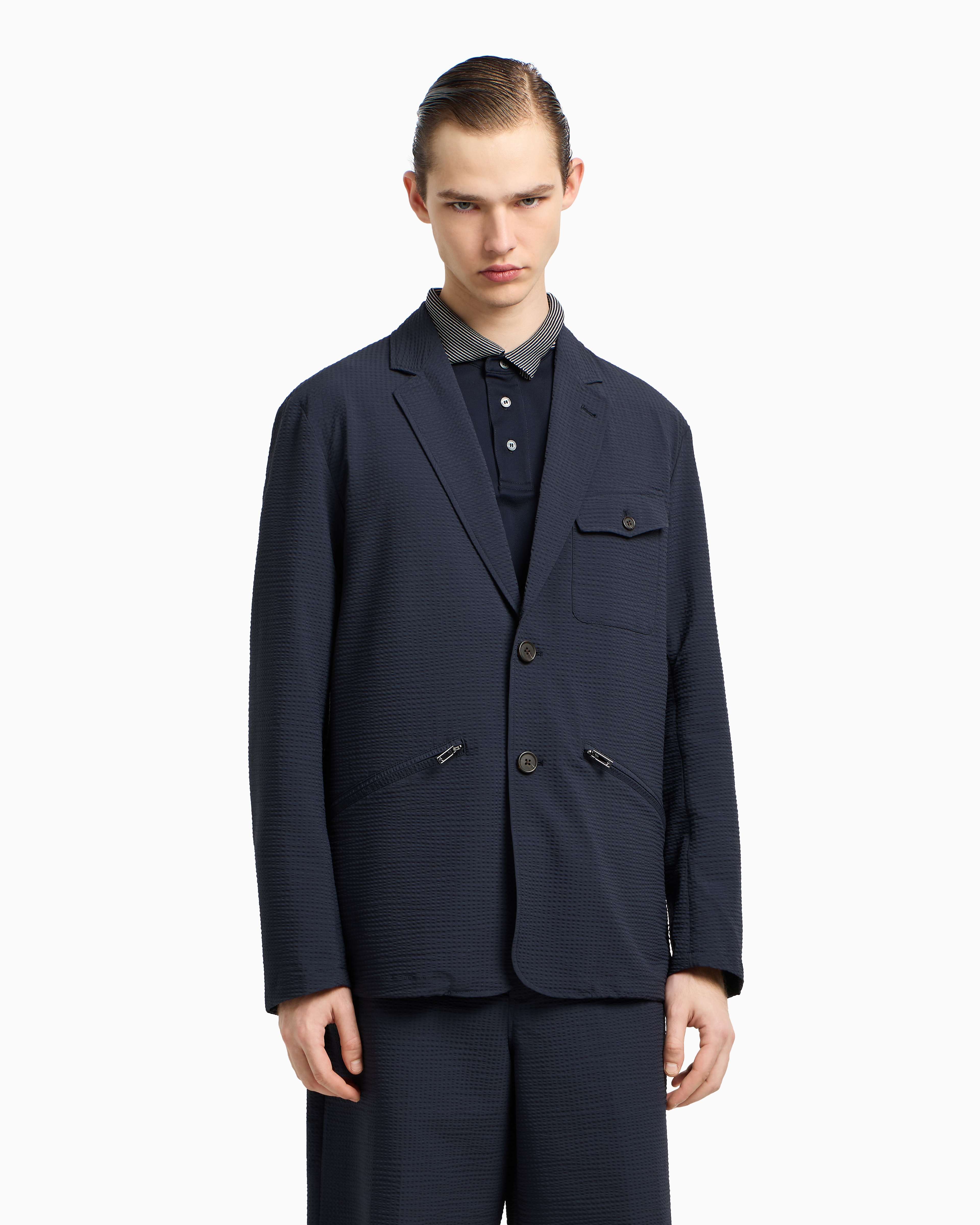 Emporio Armani - Single-breasted nylon seersucker blazer, Man, Navy Blue, Size: