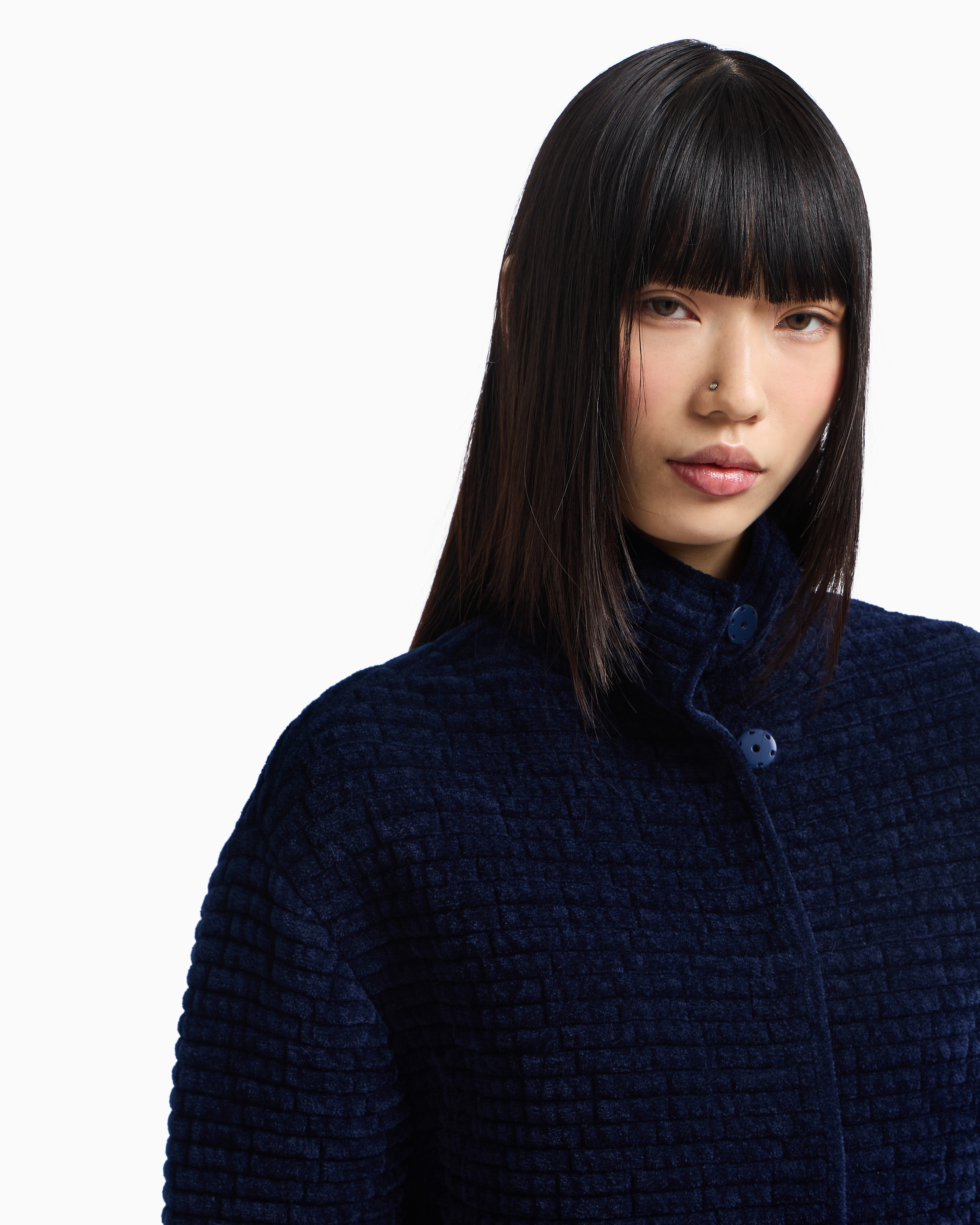 Emporio Armani - Embossed jacquard bonded terry-effect chenille jacket, Woman, Navy Blue, Size: