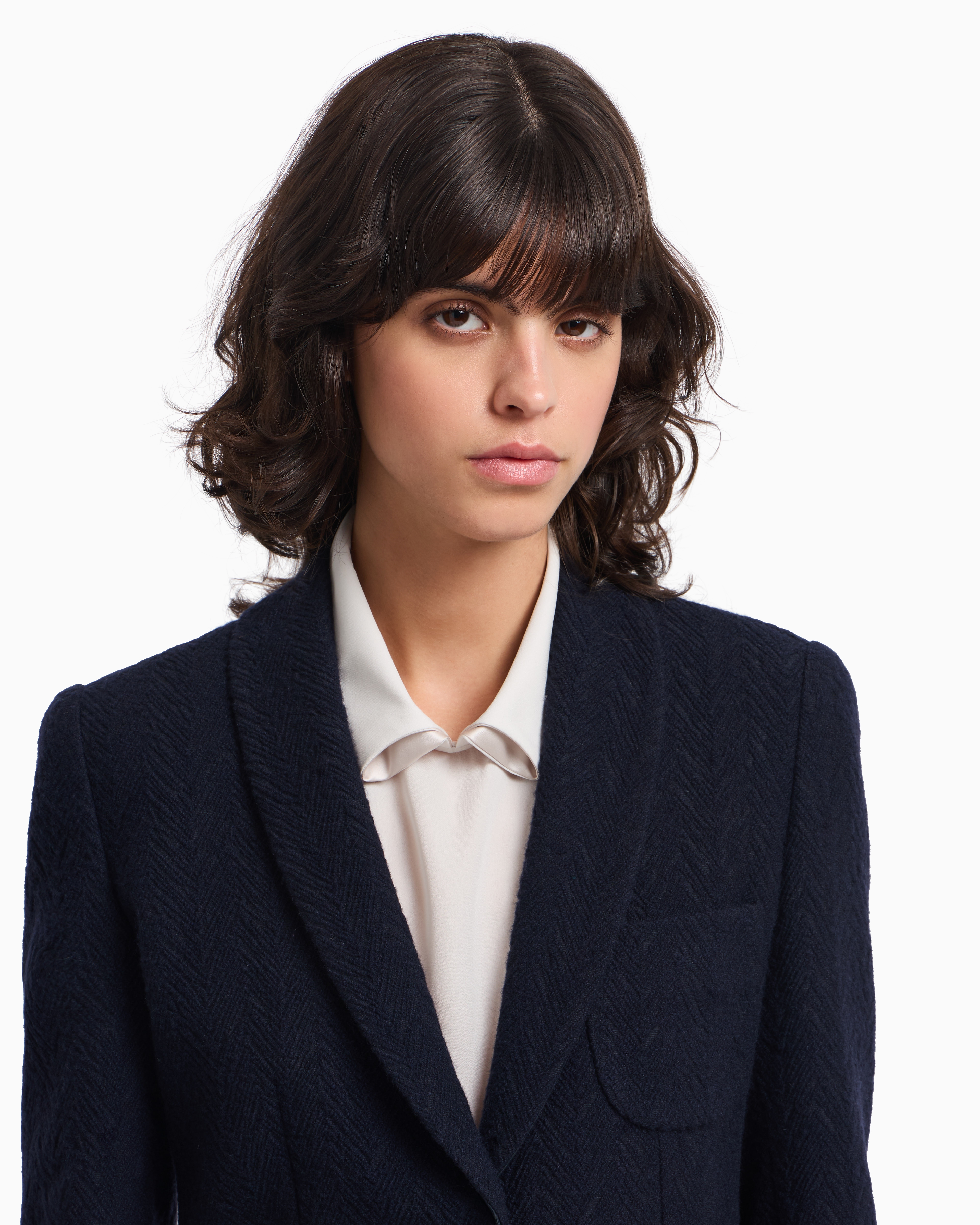 EMPORIO ARMANIブラック シェブロンステッチ ジャケット　52 Icon オフセンター グルカラージャケット ウール シェブロン