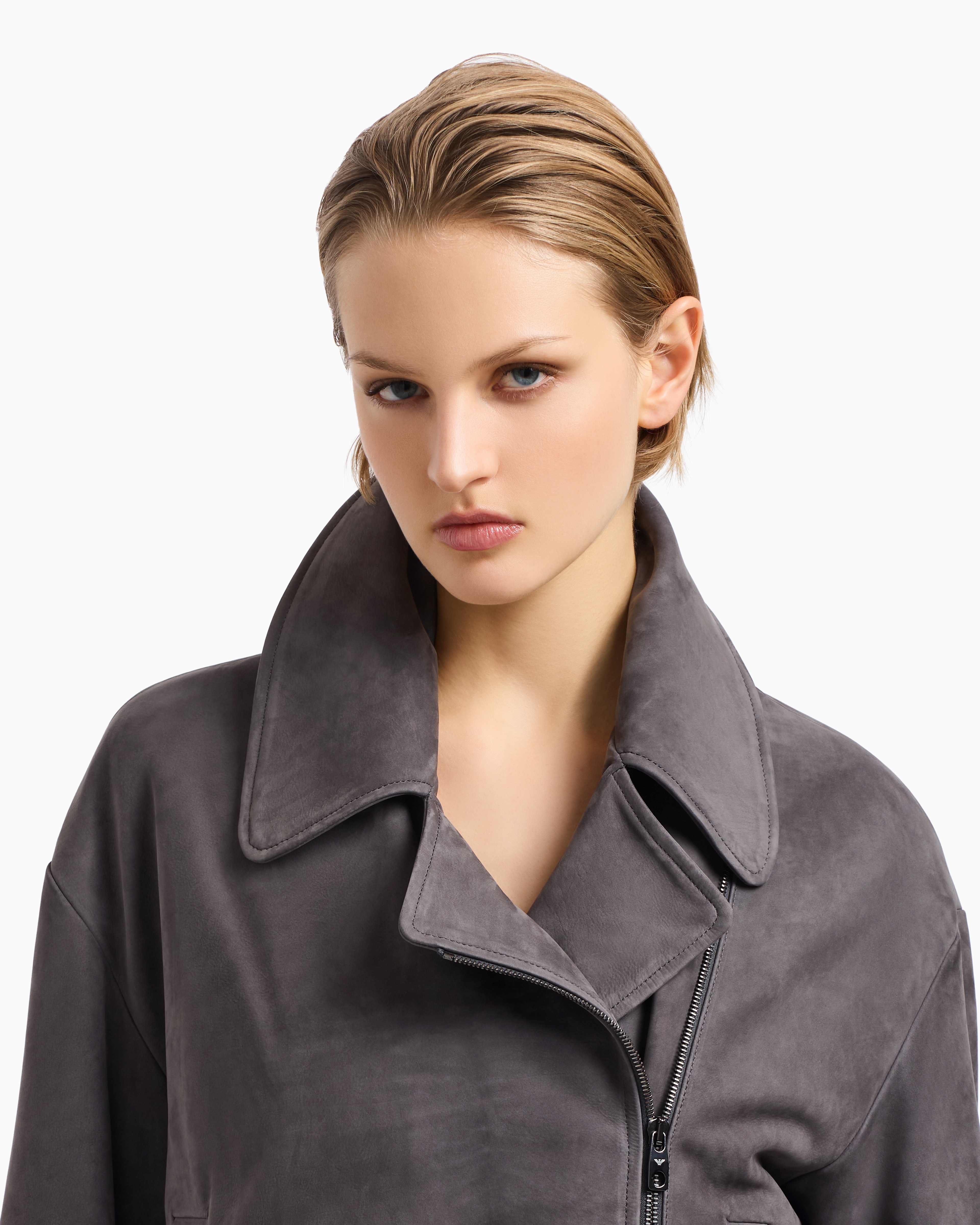 Emporio Armani - Icon nubuck calf leather biker jacket, Woman, Grey, Size: