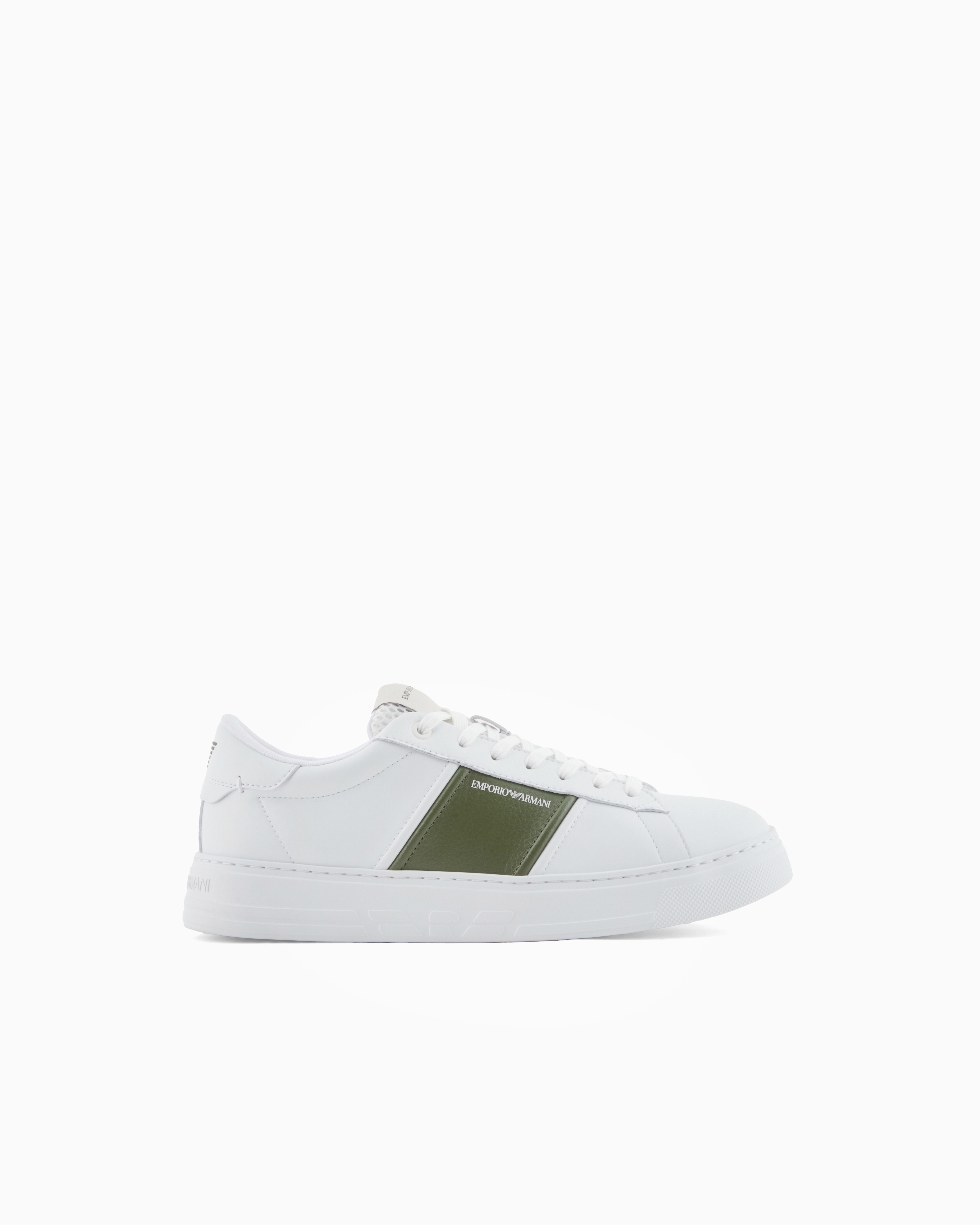 Emporio Armani Green Leather Sneakers With An Embossed Logo And Contrasting Panel