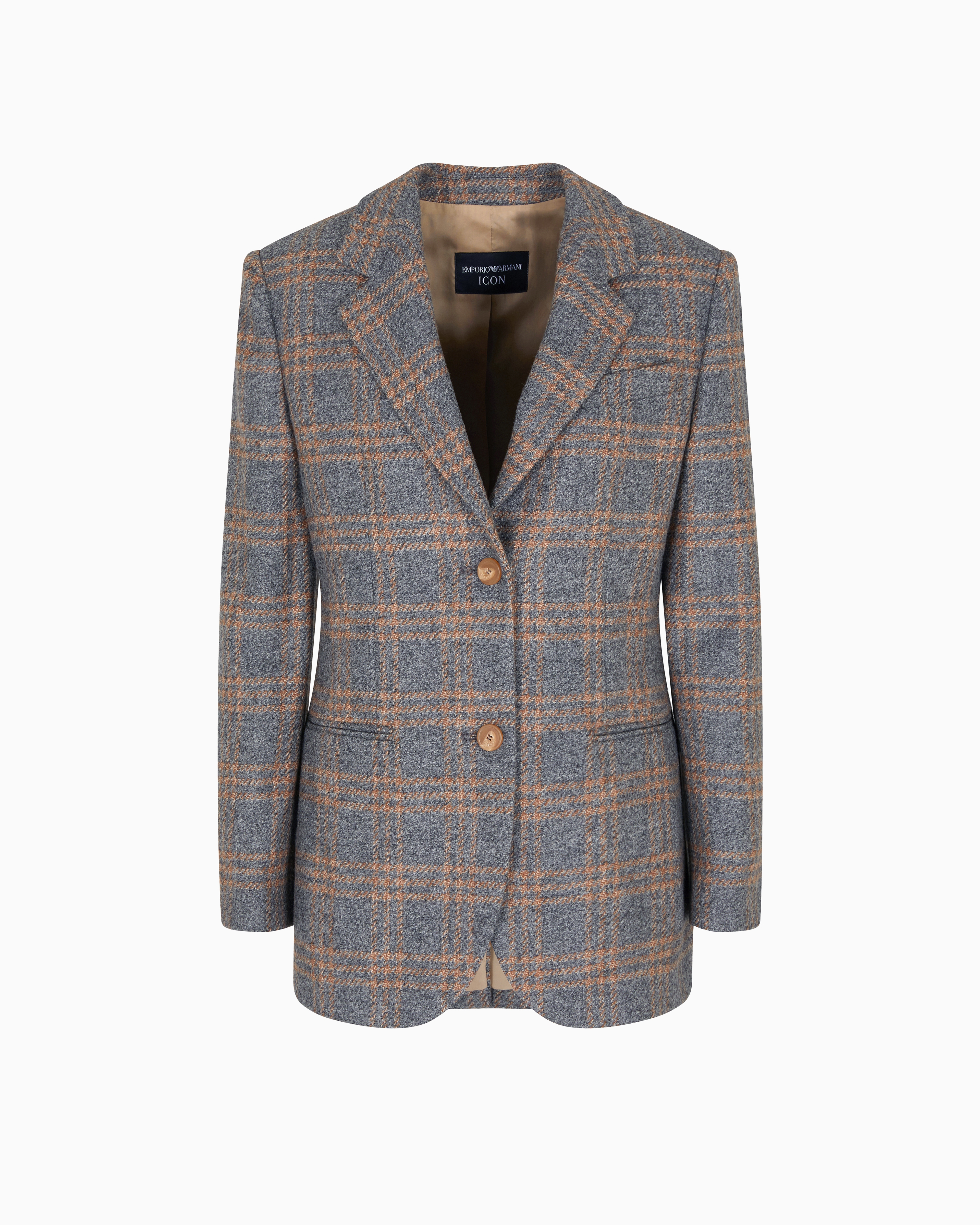 Emporio Armani - Icon virgin-wool blend single-breasted blazer with check motif, Woman, Grey, Size: