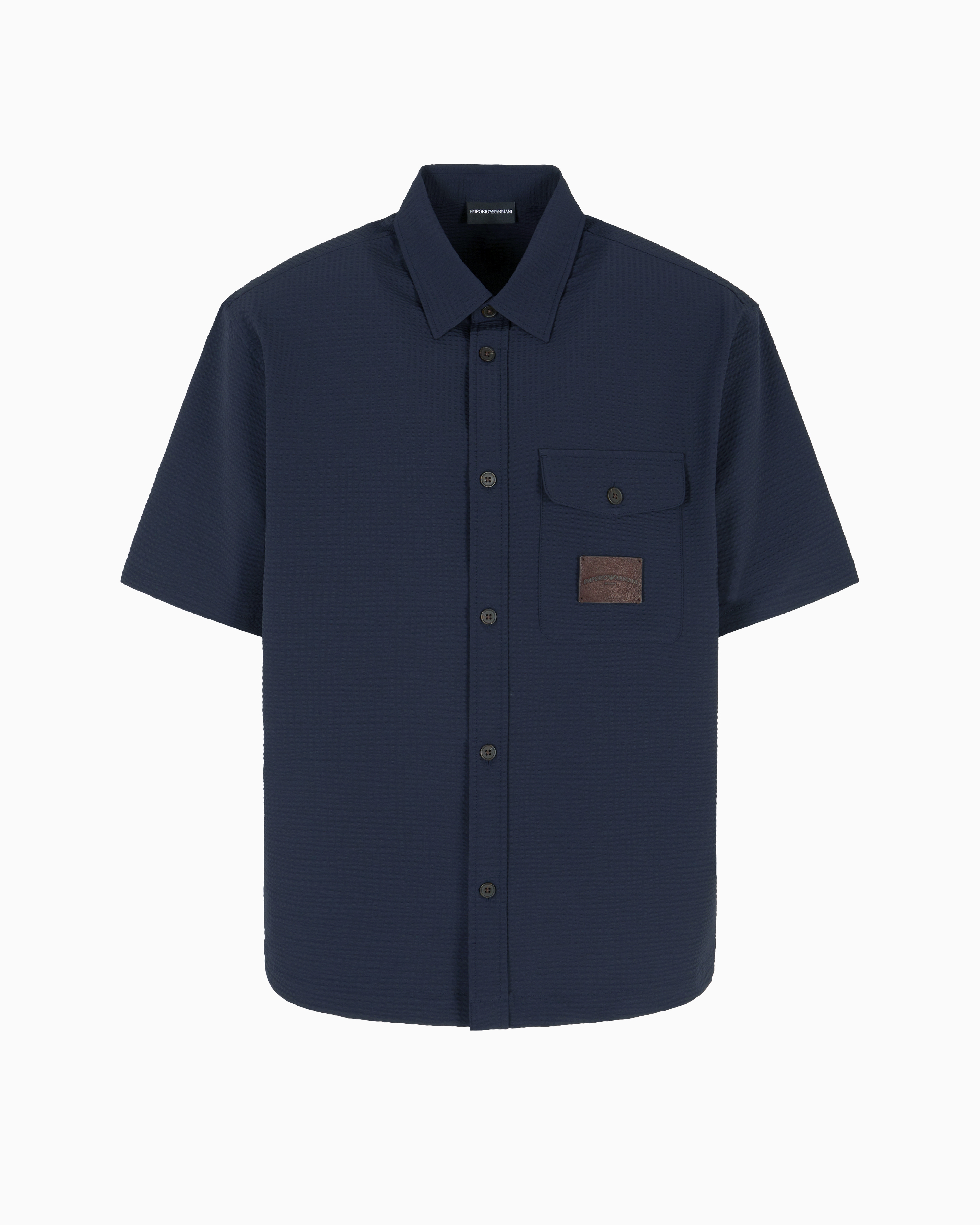 Emporio Armani - Short-sleeved oversized shirt nylon seersucker, Man, Navy Blue, Size: