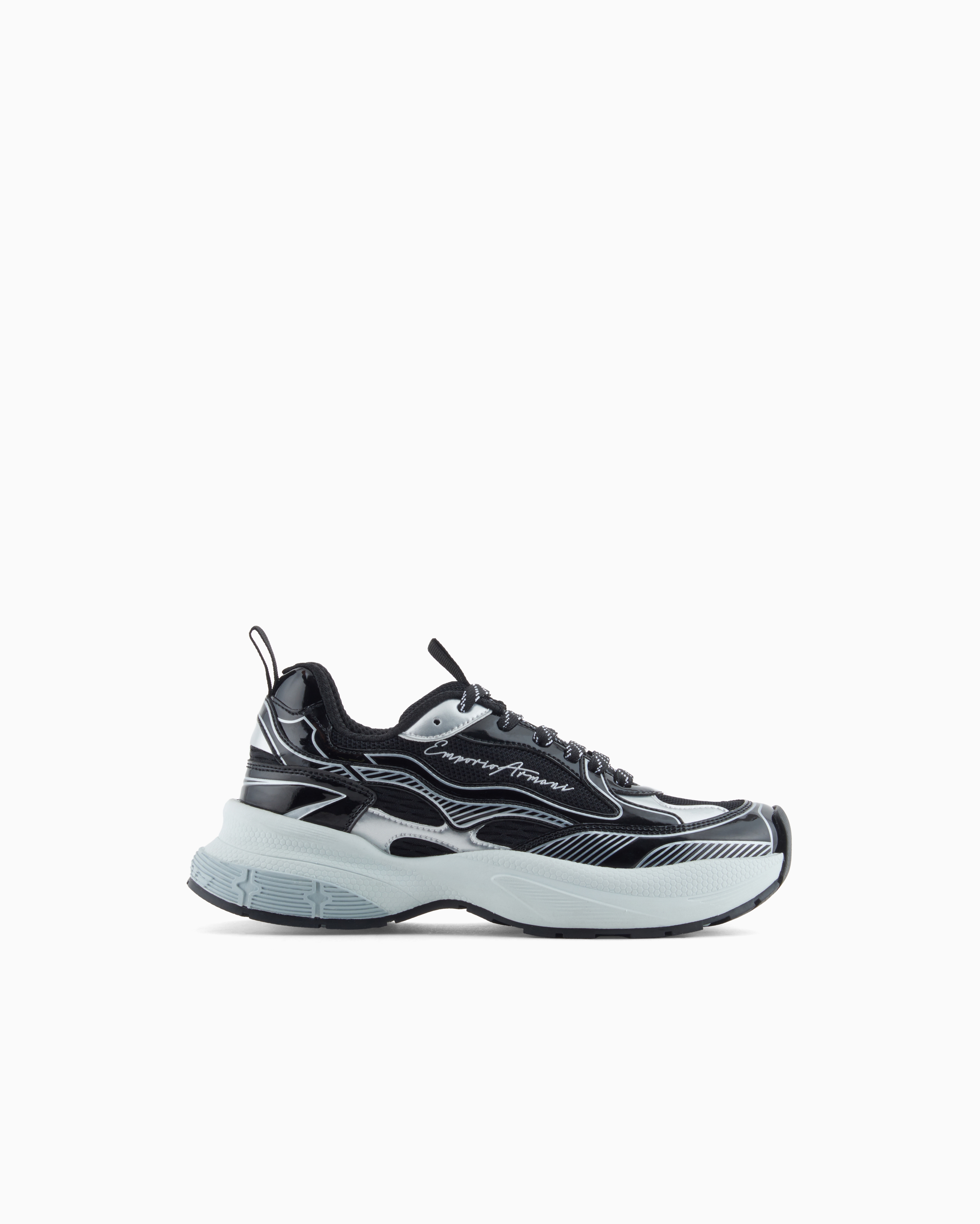 Emporio Armani Black Mesh Sneakers With Laminated Details And Signature Logo