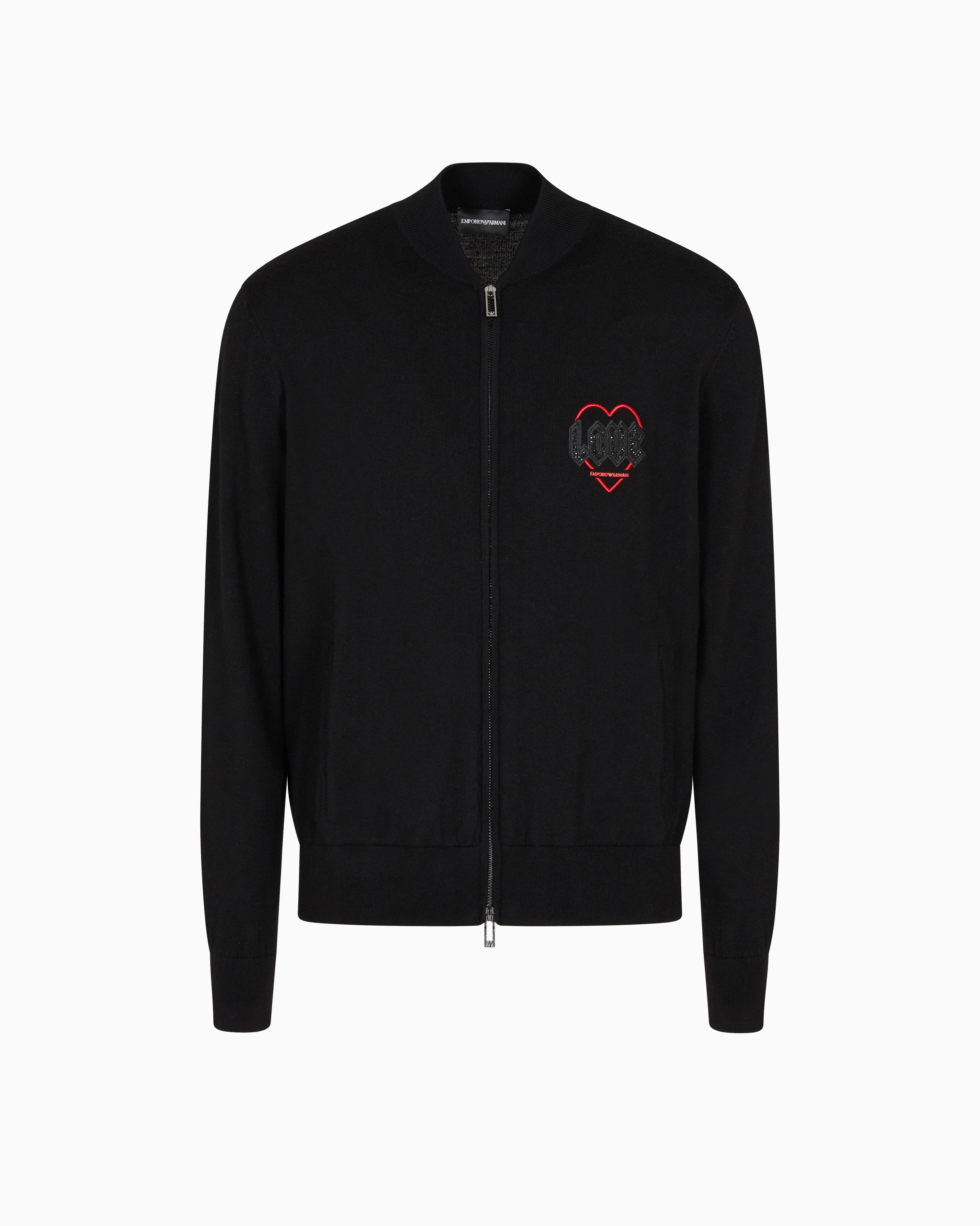 Emporio Armani - Valentine’s Day Capsule collection plain-knit virgin wool zip-up cardigan with embroidery, Man, Black, Size: