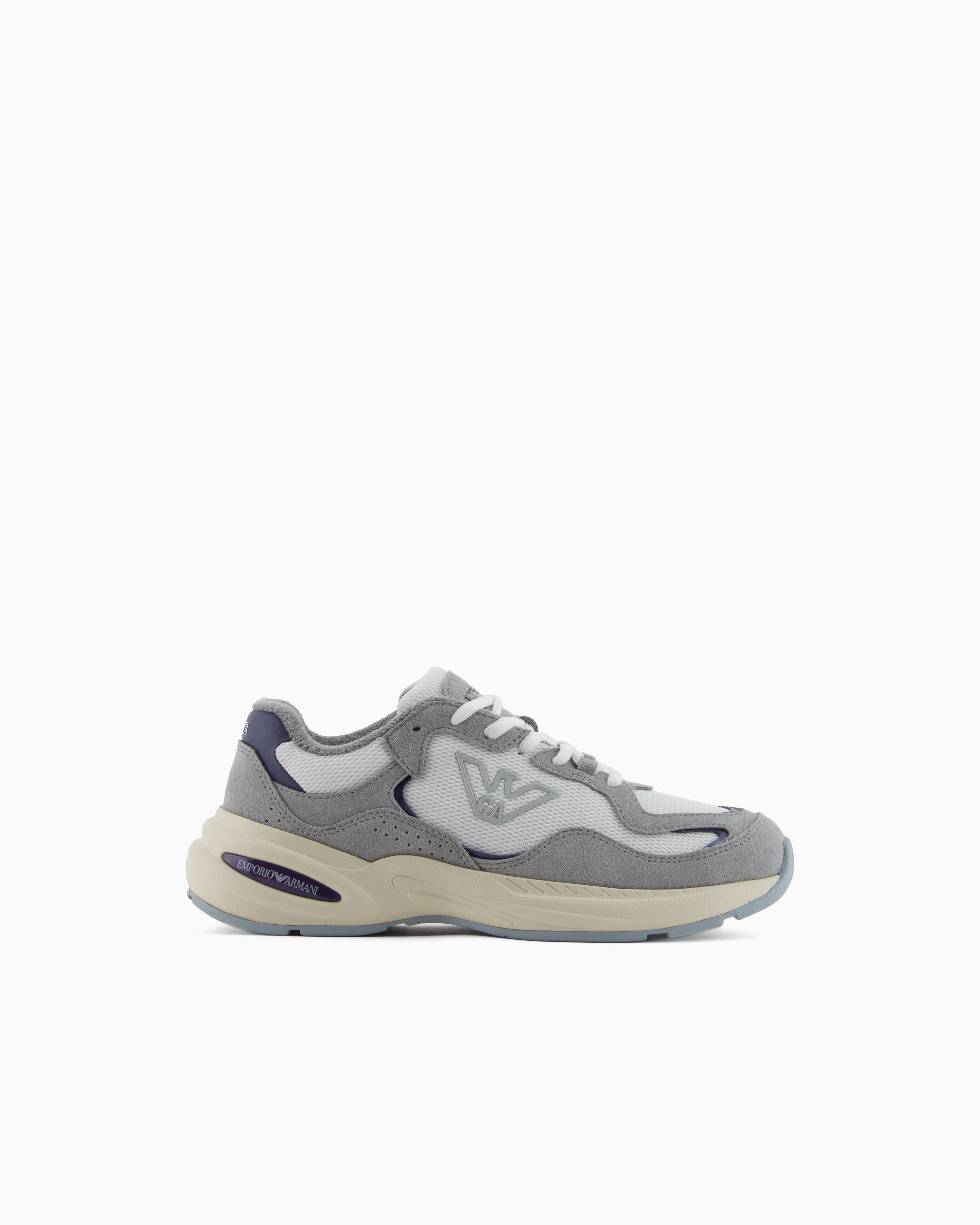 Emporio Armani Grey Mesh Sneakers With Suede Details And An Eagle Logo