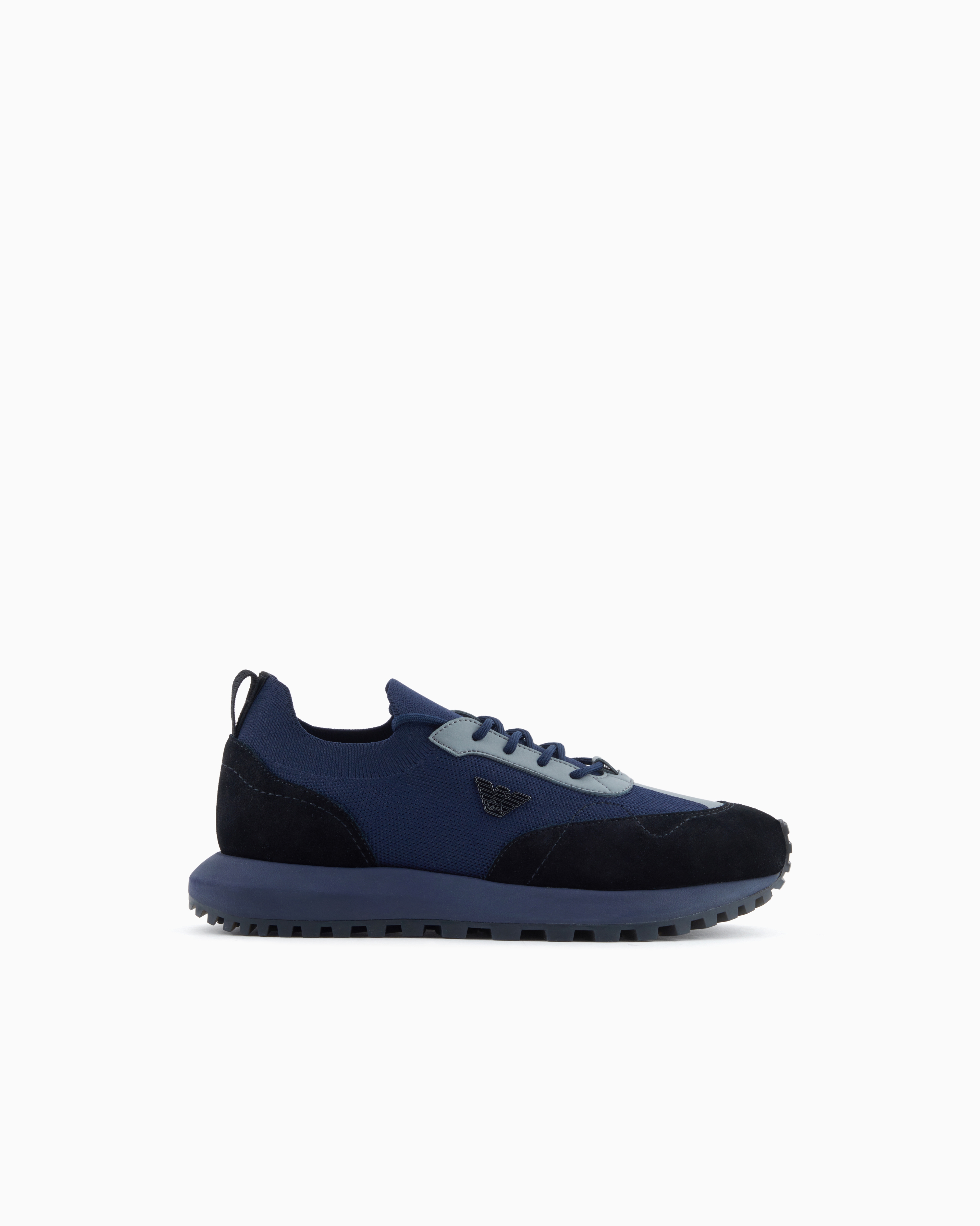 Emporio Armani - Knit sneakers with suede details, Man, Blue, Size: