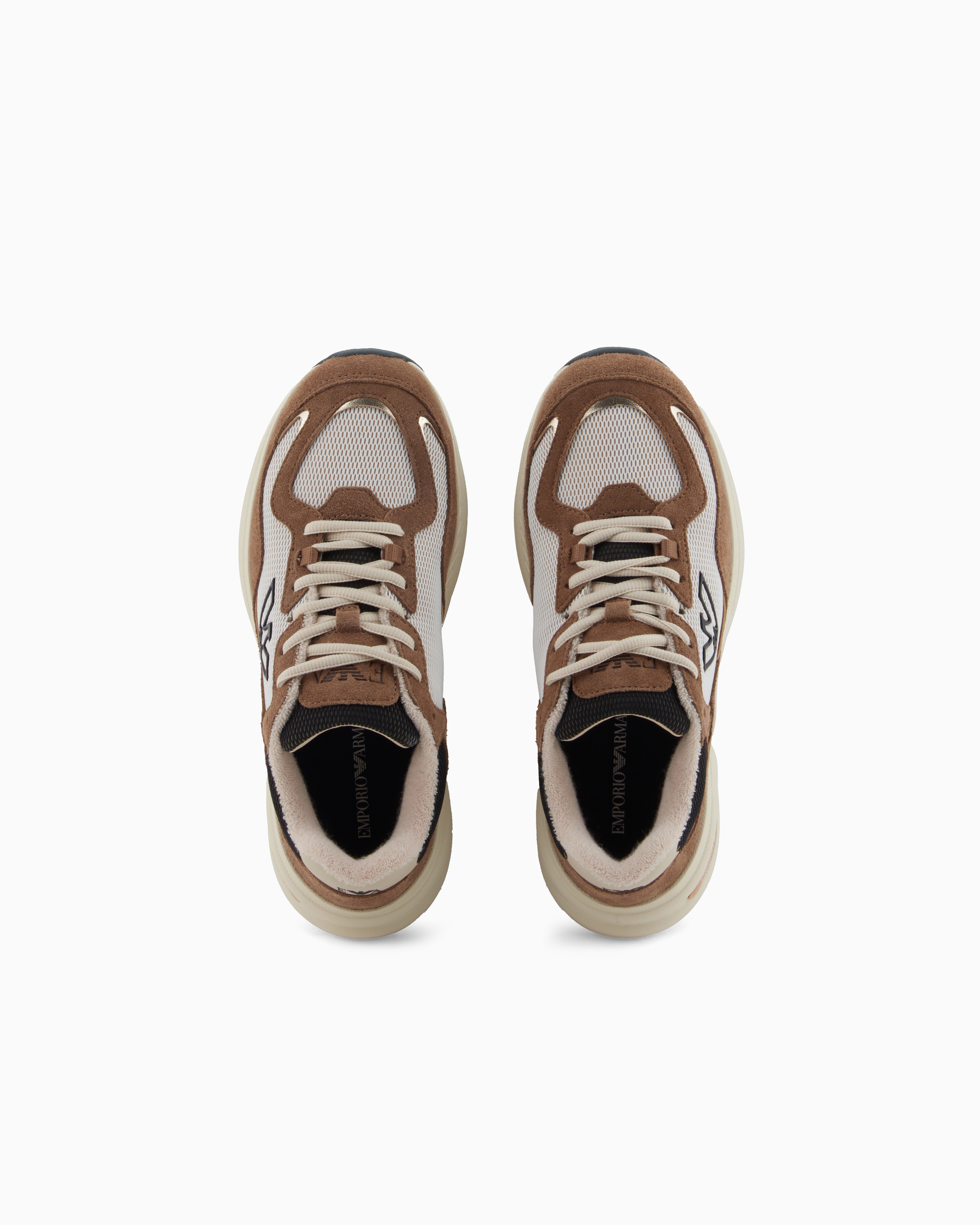 Emporio Armani - Mesh sneakers with suede details and an eagle logo, Woman, Beige, Size: