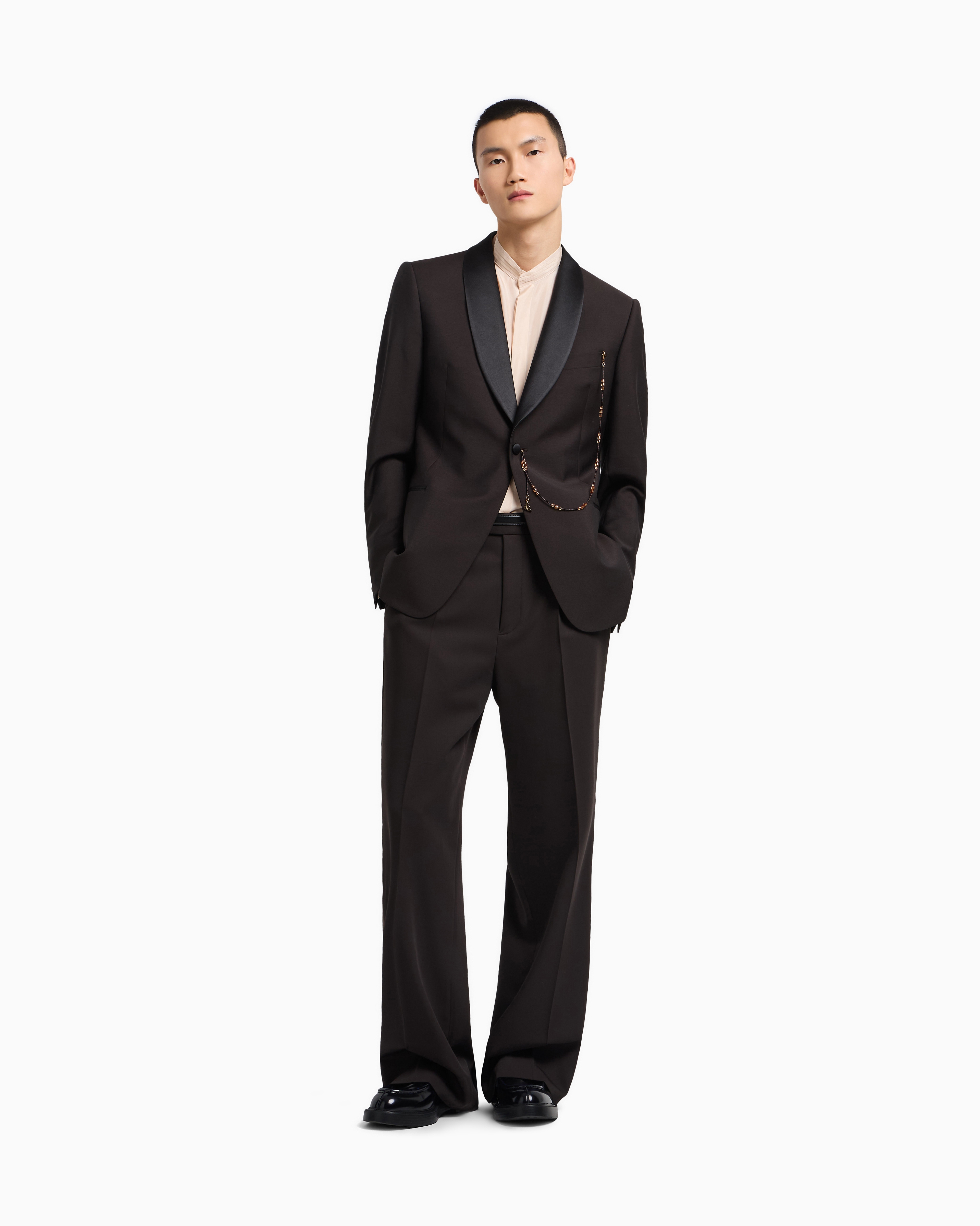 【美品EMPORIO ARMANI】ショールカラージャケット フード付 タキシードジャケット モヘア／ウール混紡 ハイツイスト ショール