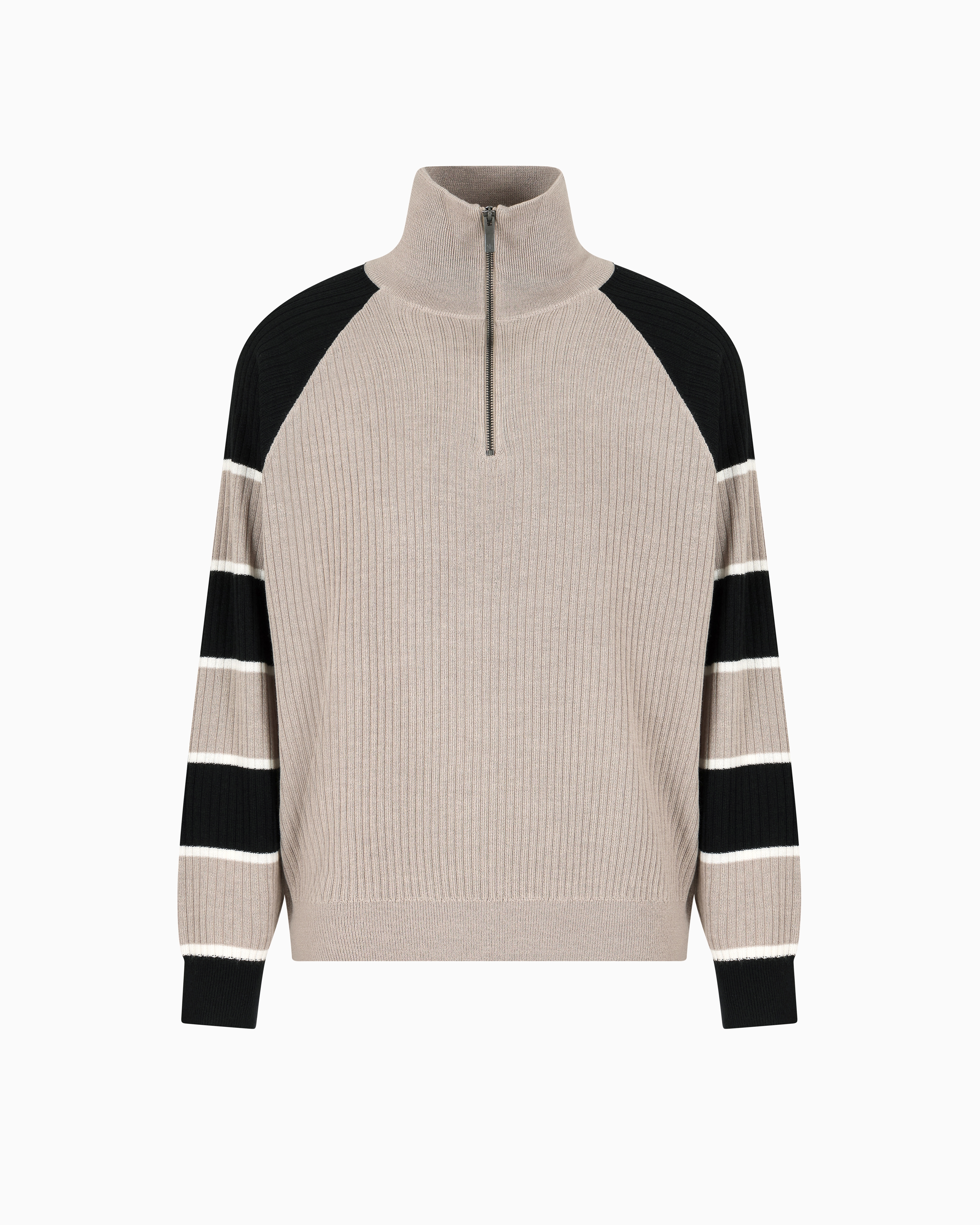 Zip-up sweater with striped sleeves