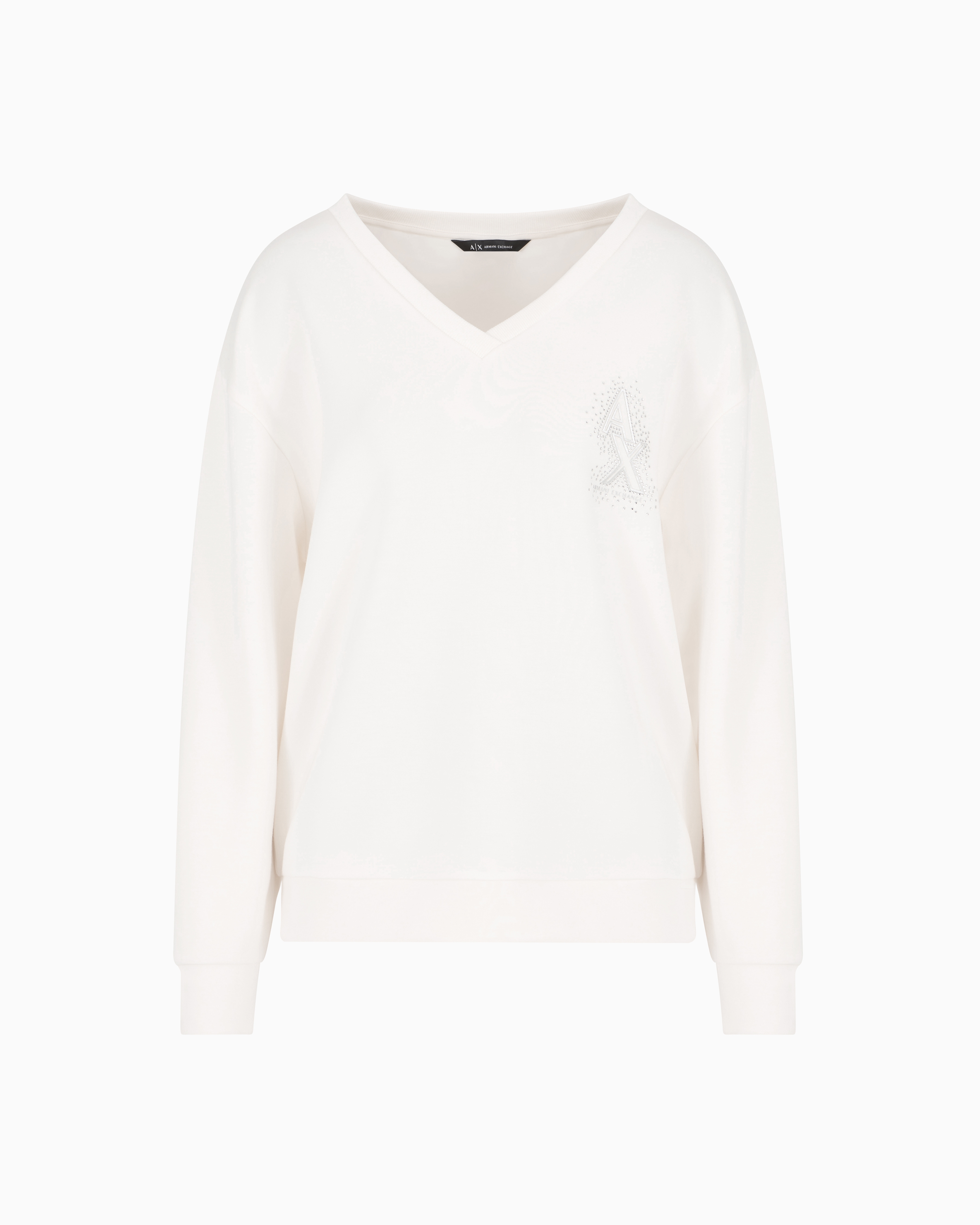 V-neck sweatshirt with rhinestone logo