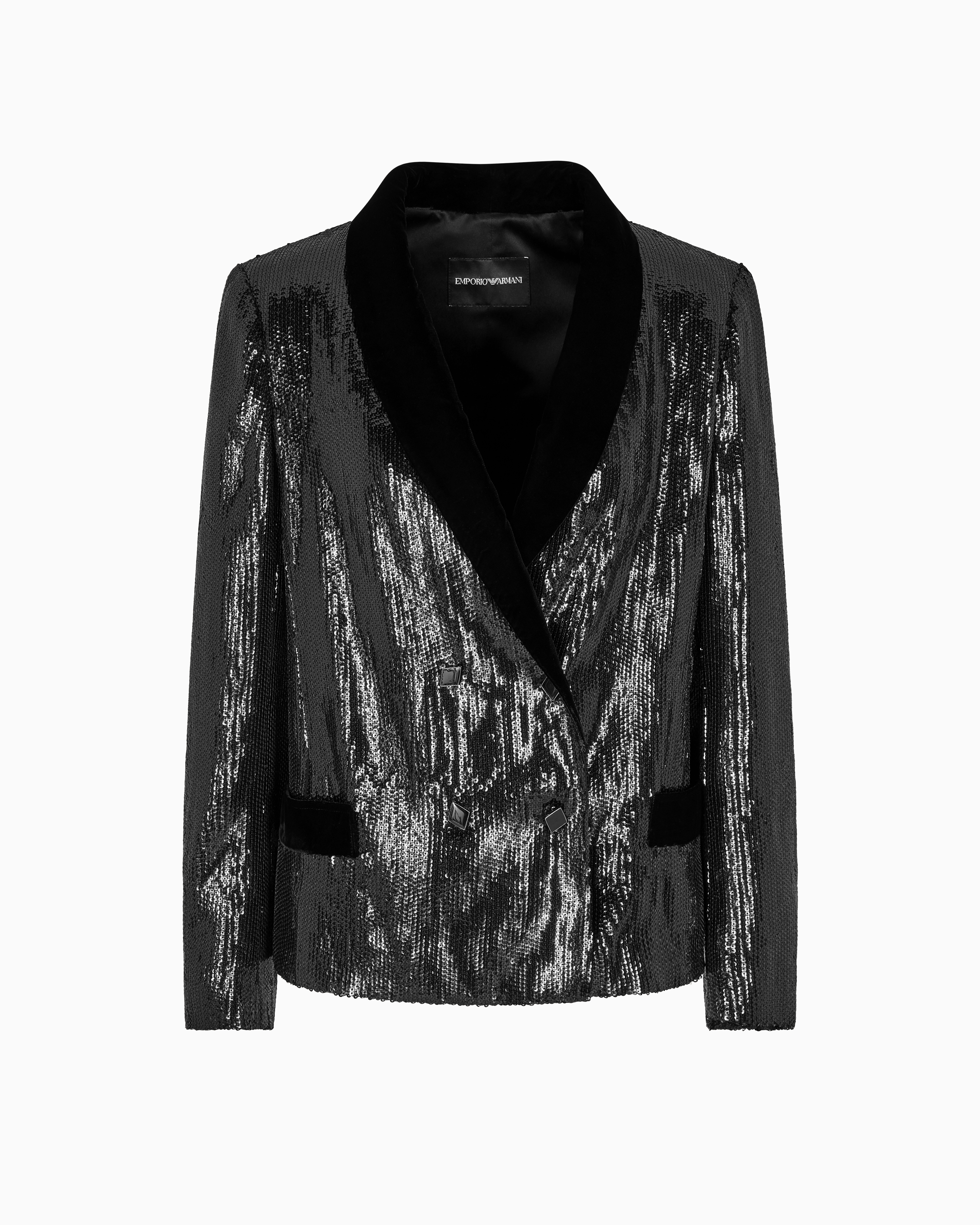 Emporio Armani - Double-breasted blazer with all-over sequins, Woman, Black, Size: