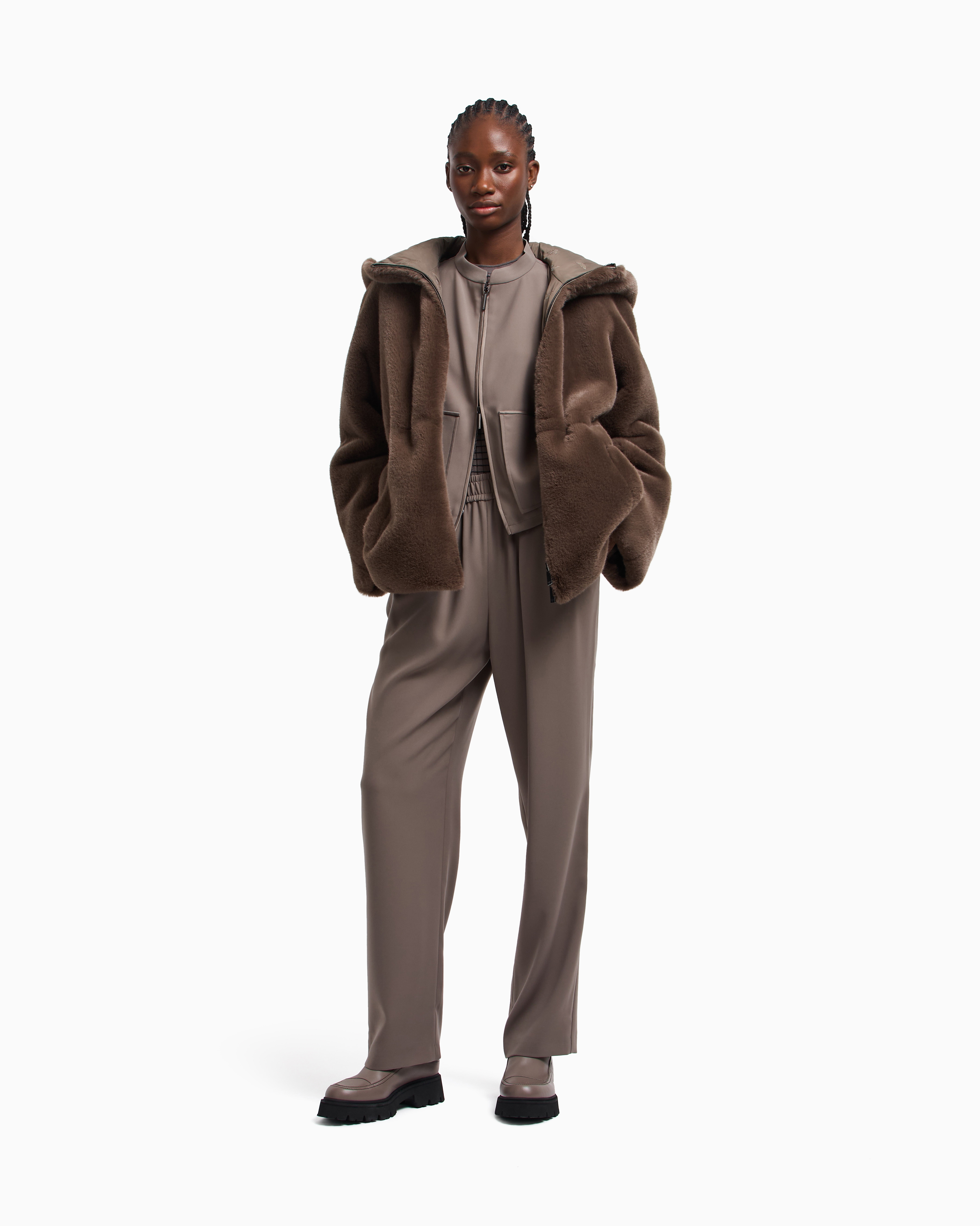 Emporio Armani - Faux-fur reversible blouson with hood and drawstring, Woman, Brown, Size: