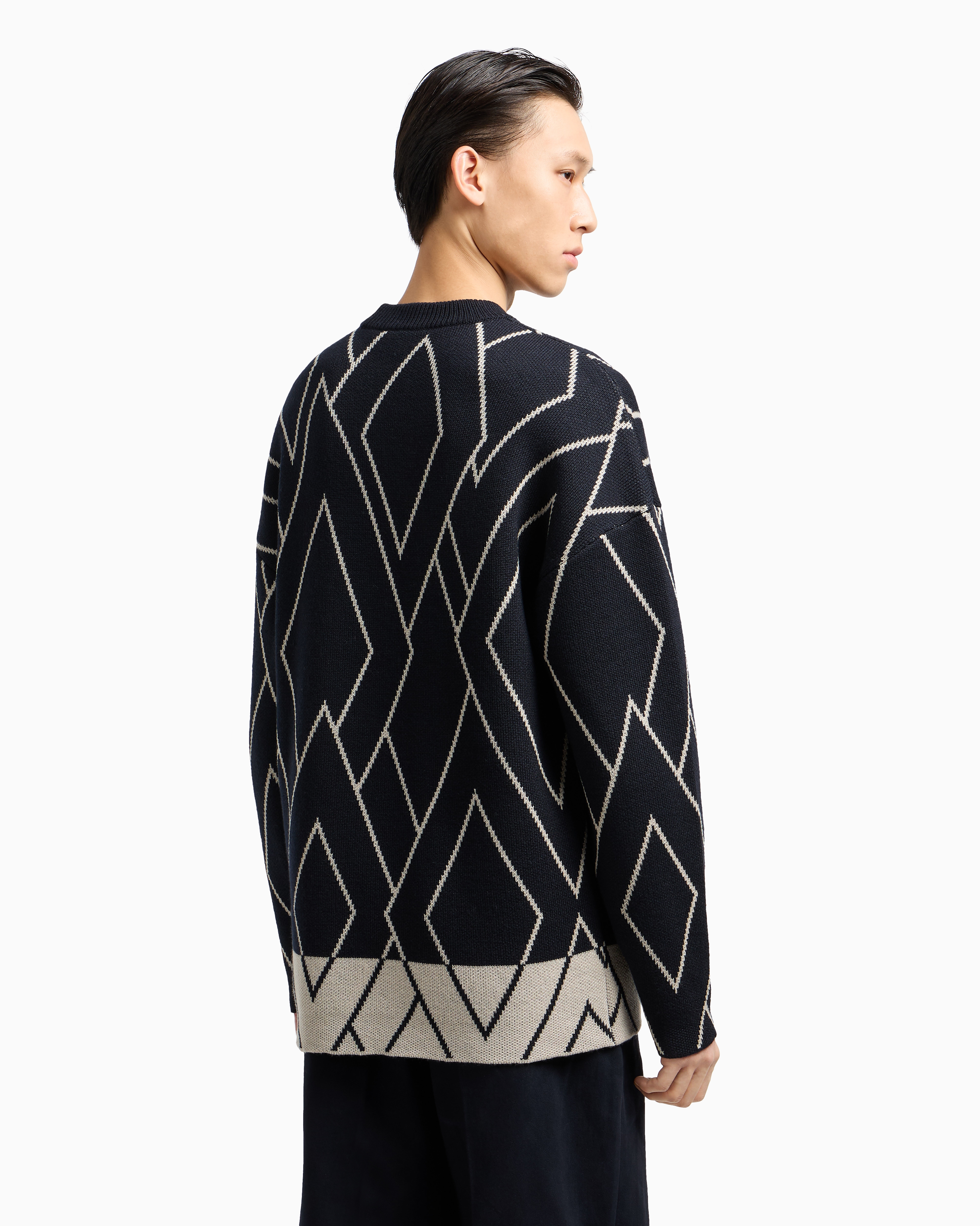 Emporio Armani - Jacquard virgin-wool jumper with geometric embroidery-stitched motif, Man, Blue, Size: