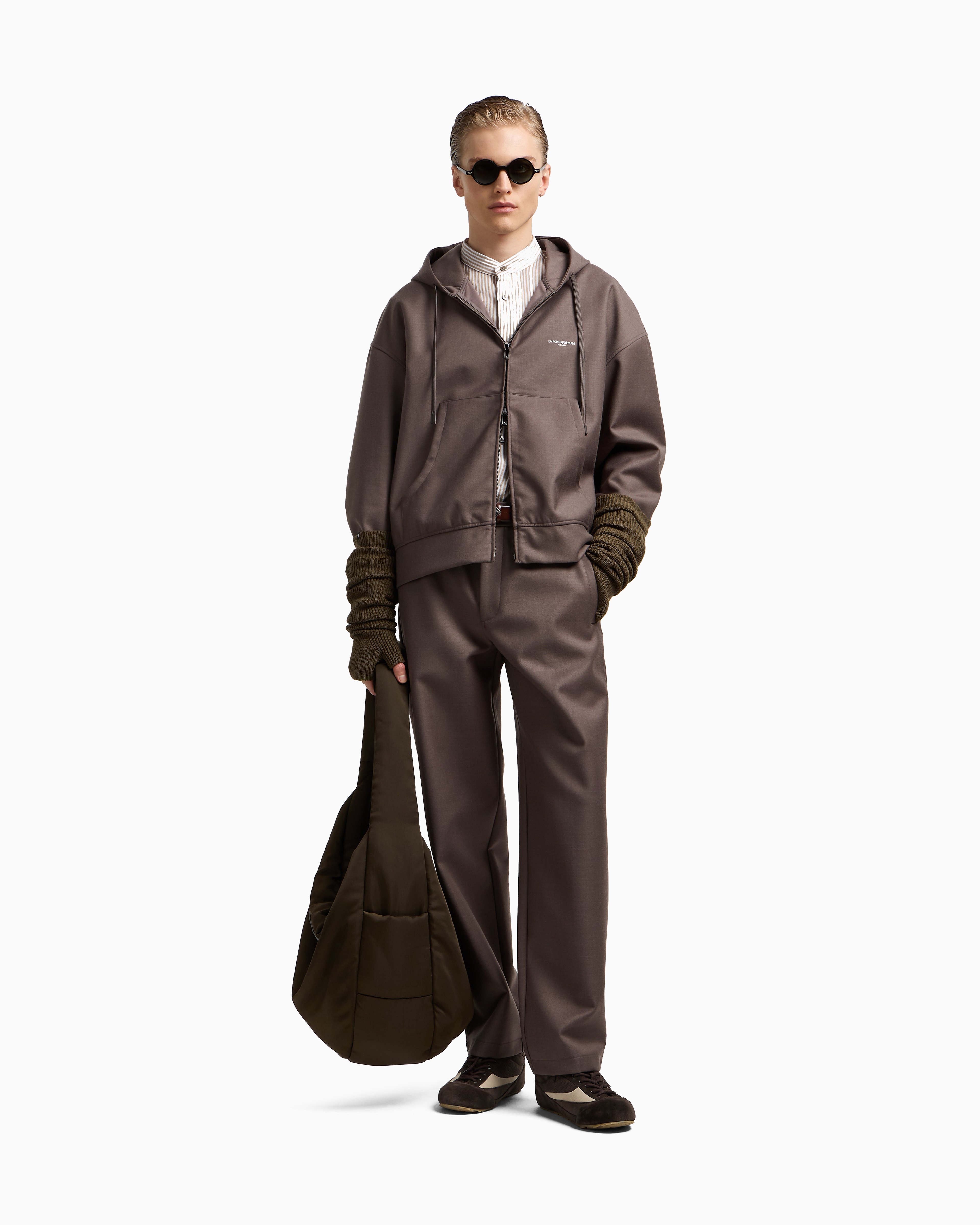 Emporio Armani - Light wool zip-up hooded sweatshirt, Man, Grey, Size: