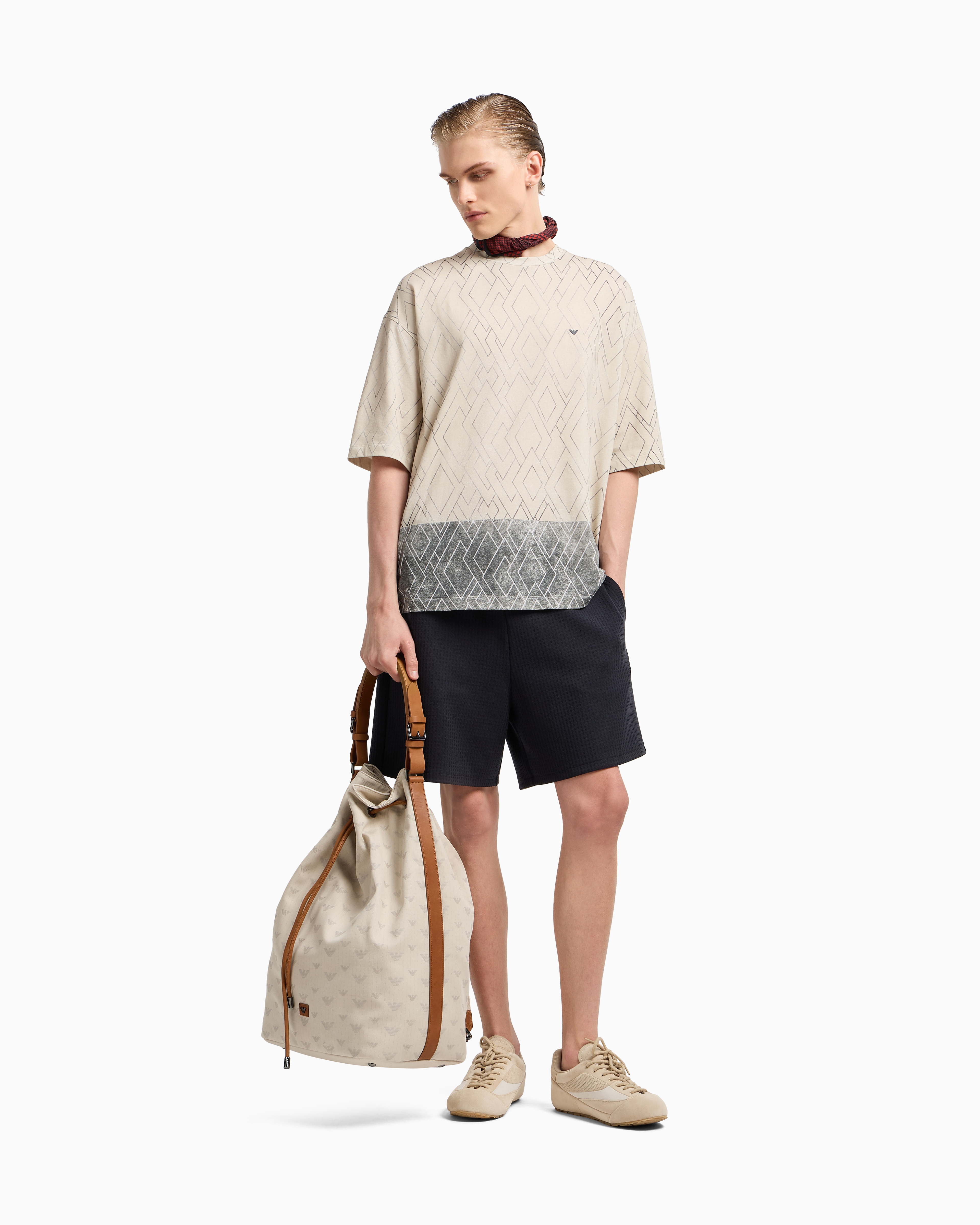 Emporio Armani - ASV jersey T-shirt with all-over diamond print, Man, Blue, Size: