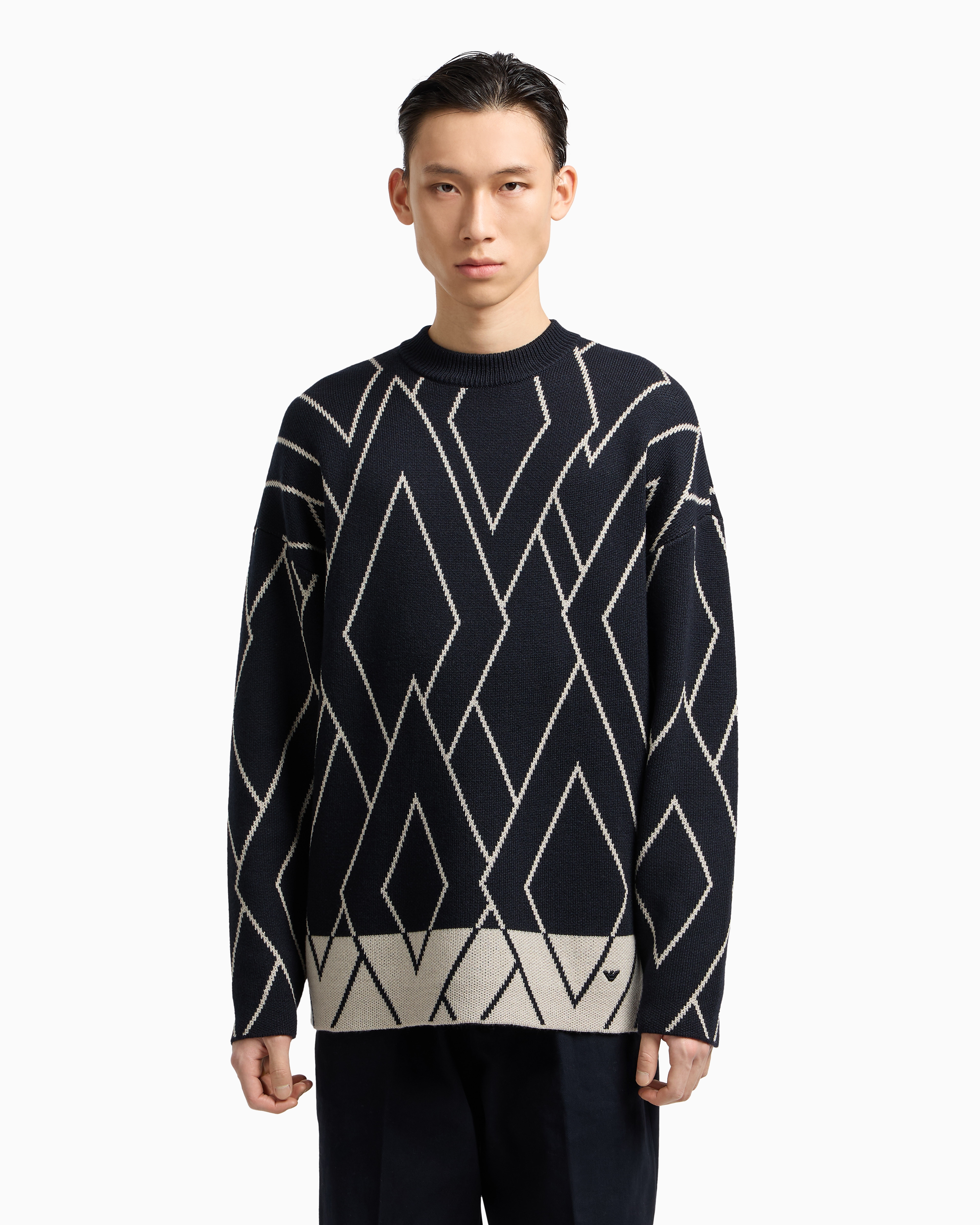 Emporio Armani - Jacquard virgin-wool jumper with geometric embroidery-stitched motif, Man, Blue, Size: