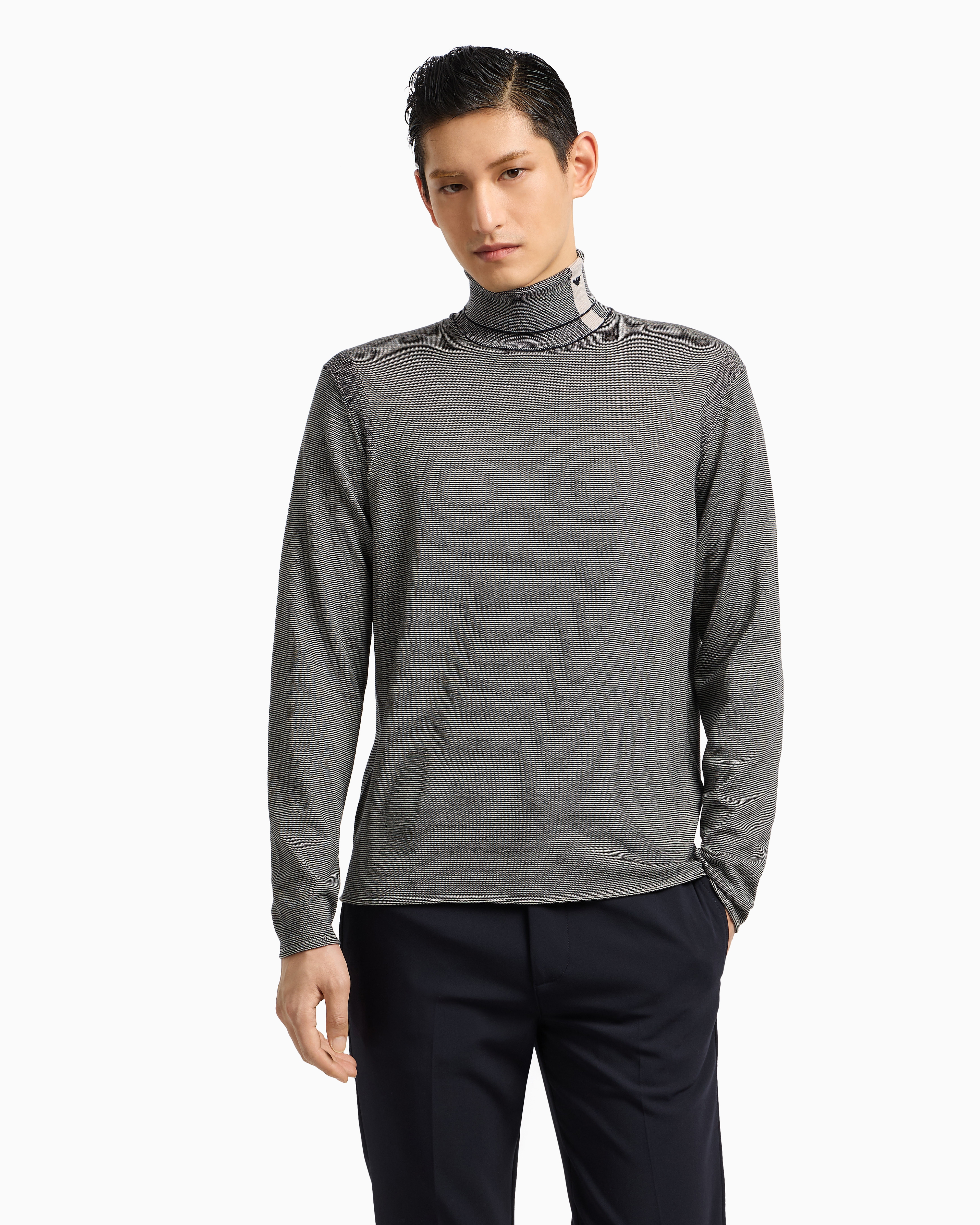 Emporio Armani - Striped embroidery-stitched jacquard virgin wool rollneck jumper, Man, Blue, Size: