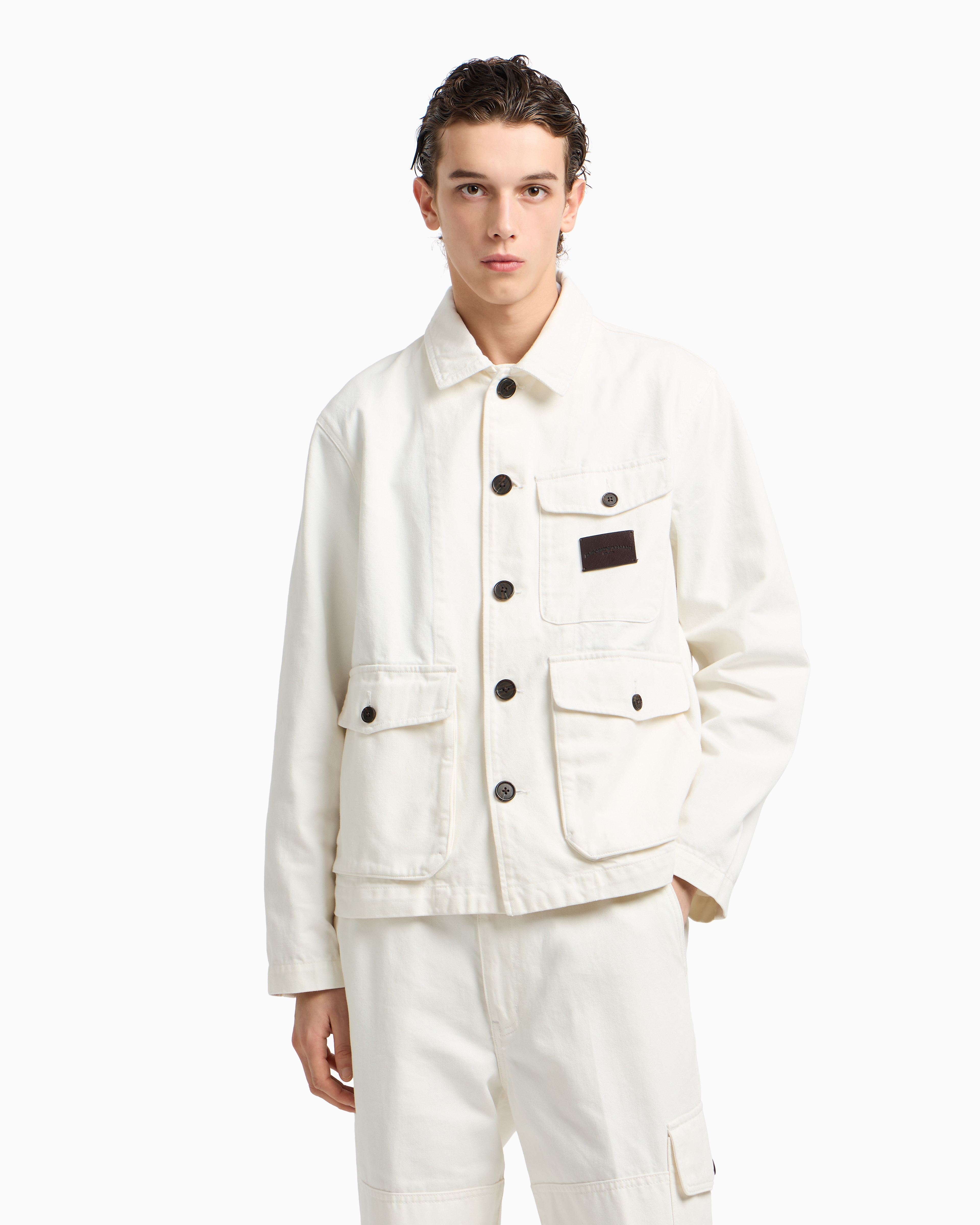 Emporio Armani - Denim-effect twill jacket with logo patch, Man, White, Size: