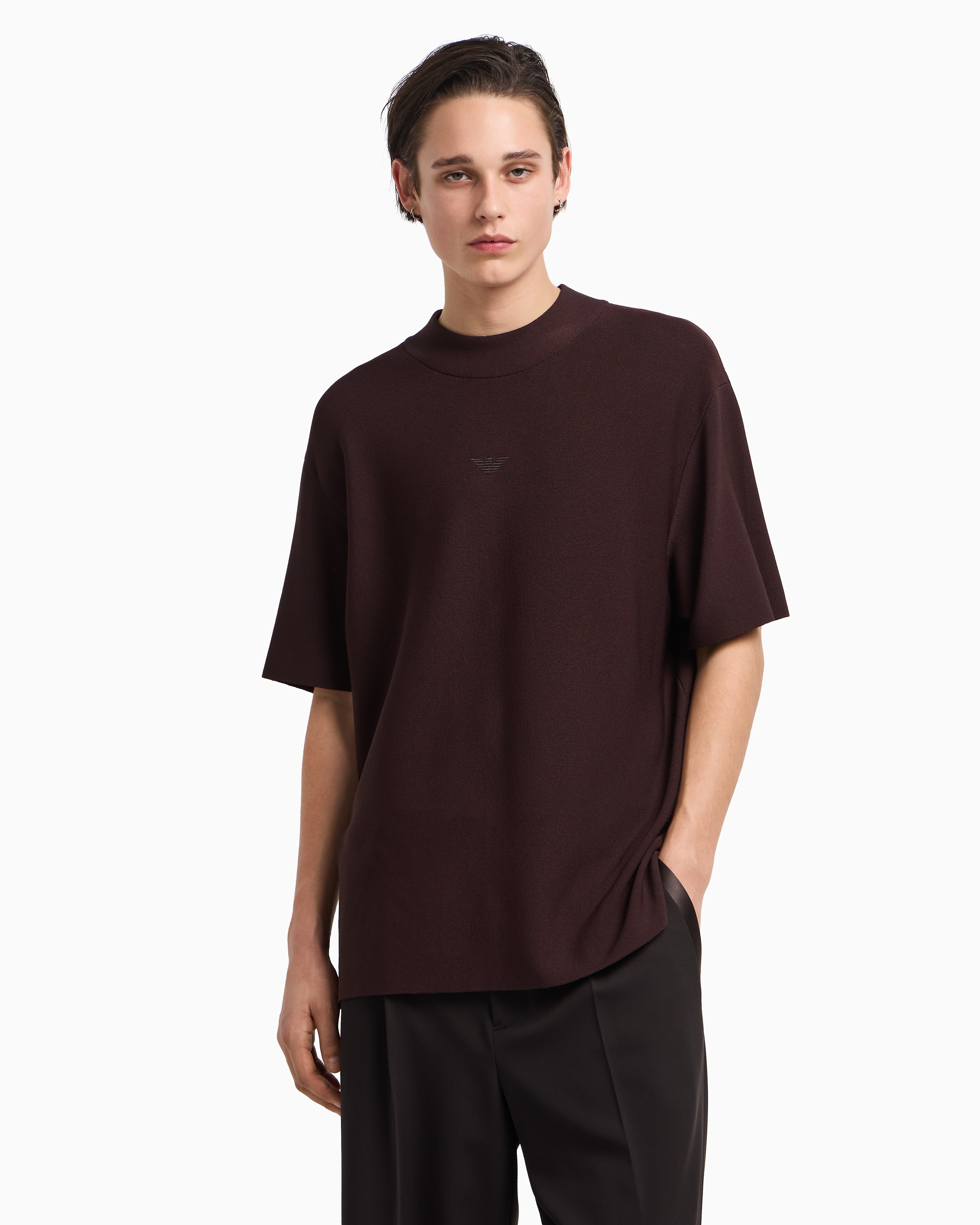Emporio Armani - Viscose-blend mock-neck jumper with links motif, Man, Brown, Size: