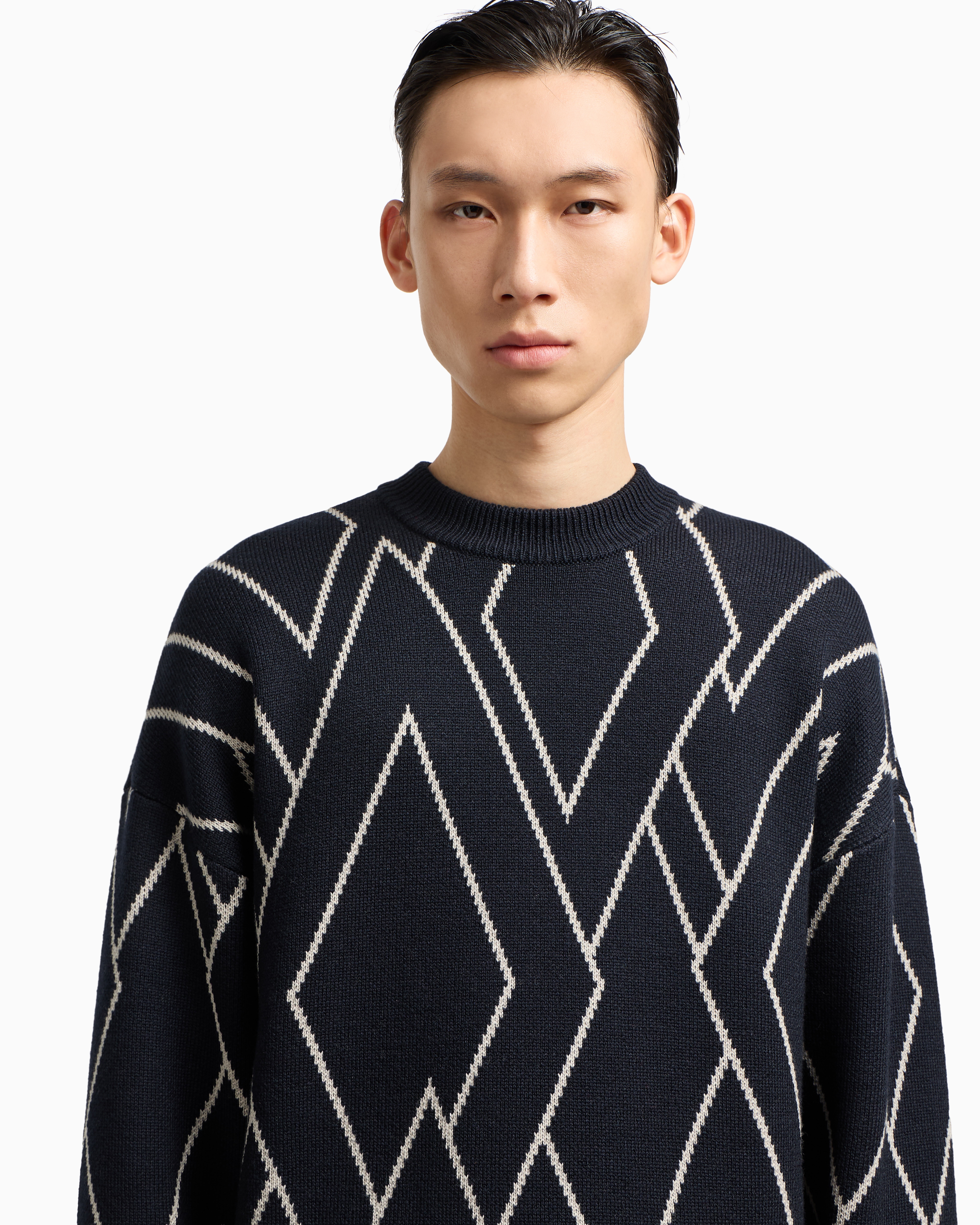 Emporio Armani - Jacquard virgin-wool jumper with geometric embroidery-stitched motif, Man, Blue, Size:
