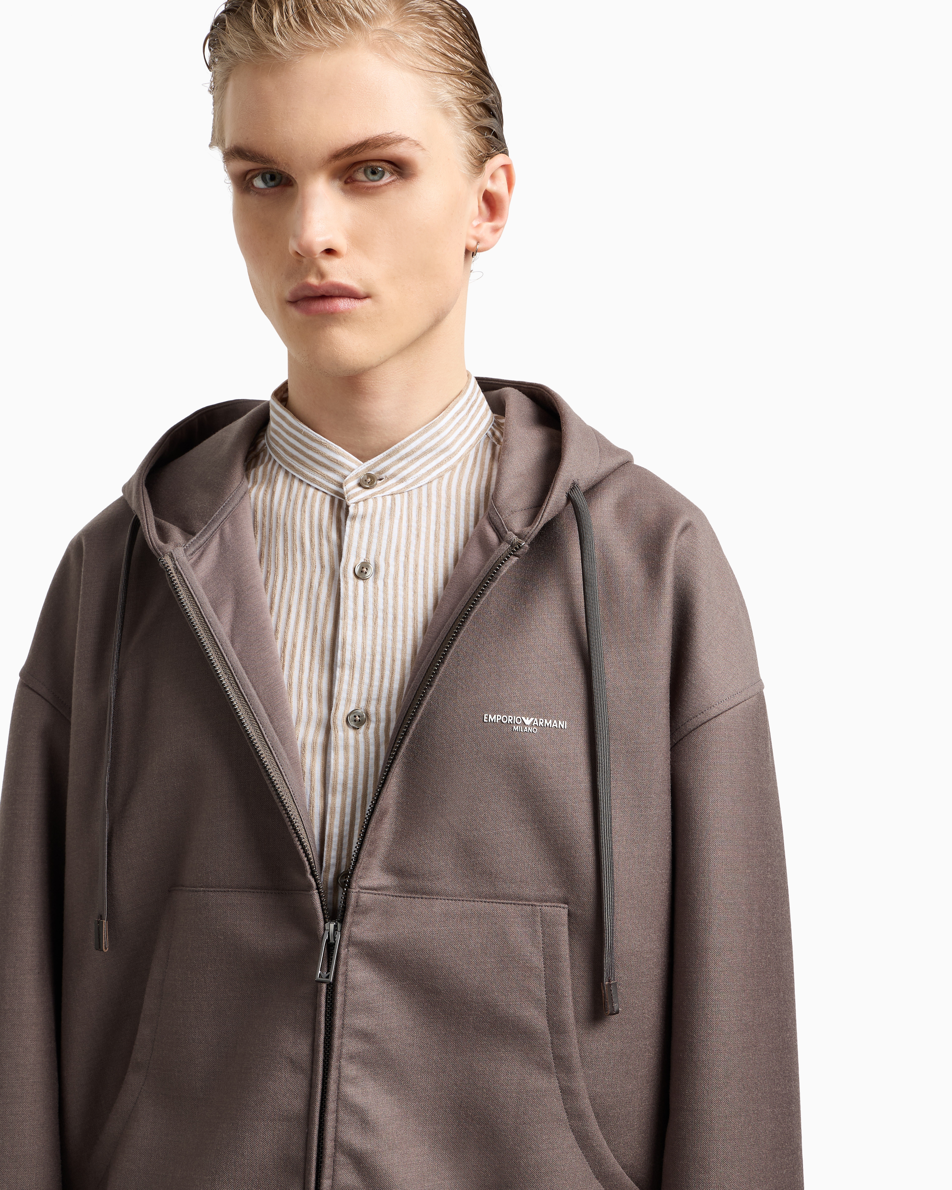 Emporio Armani - Light wool zip-up hooded sweatshirt, Man, Grey, Size: