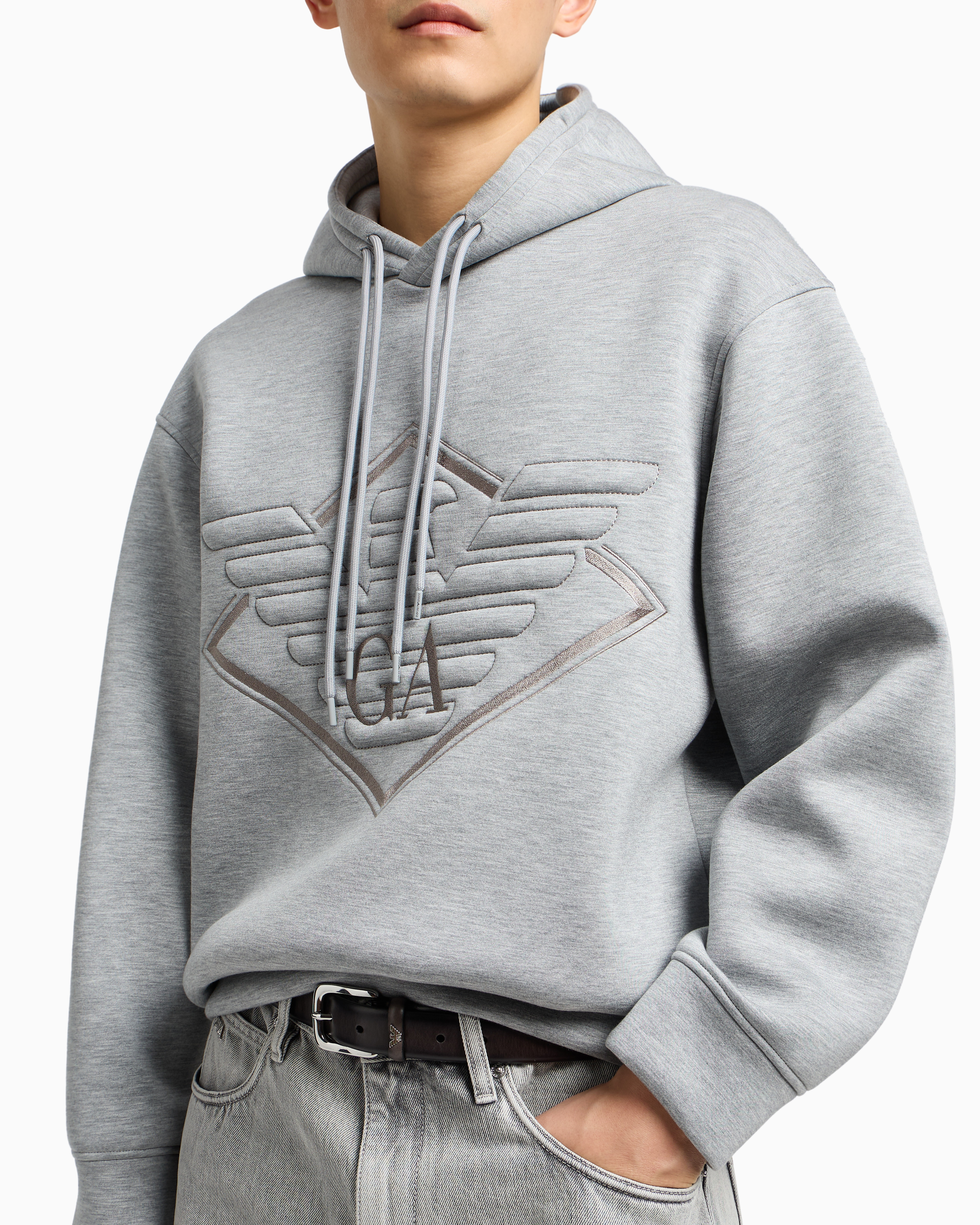 Emporio Armani - Double-jersey hooded sweatshirt with oversized eagle embroidery, Man, White, Size: