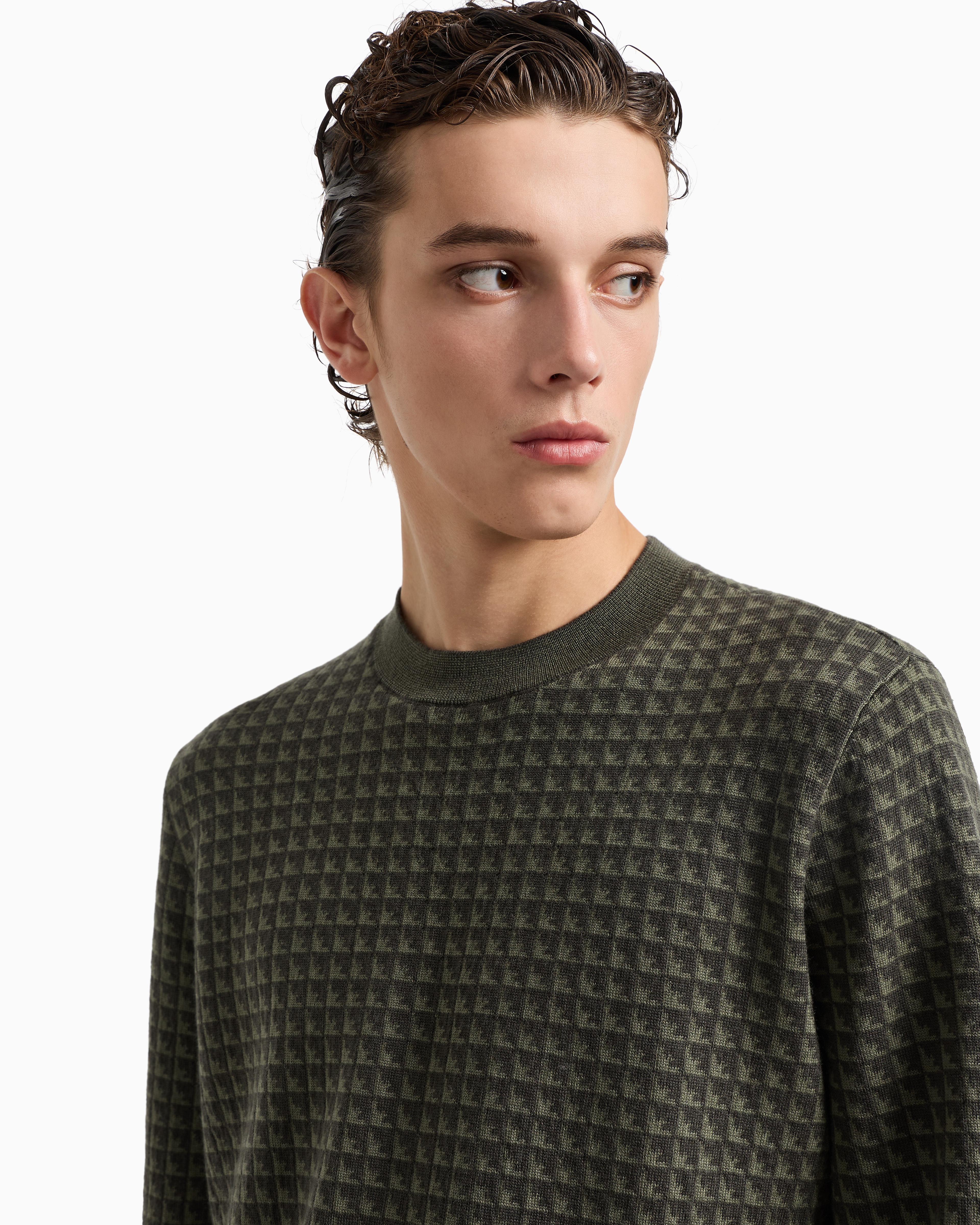 Emporio Armani - Jacquard virgin-wool jumper with repeated eagle motif, Man, Green, Size: