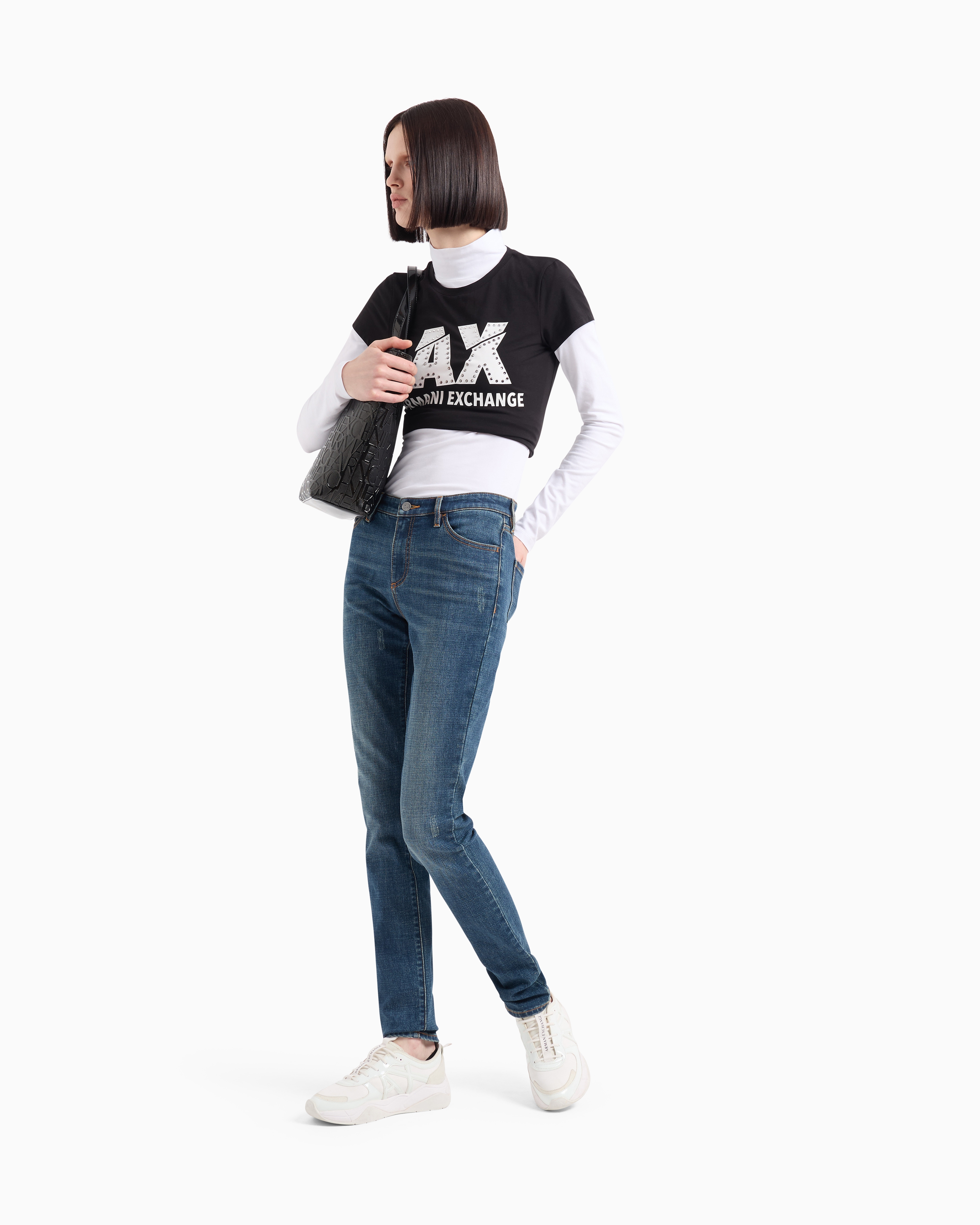 Armani Exchange - Slim fit T-shirt stretch cotton jersey, Woman, Black, Size: