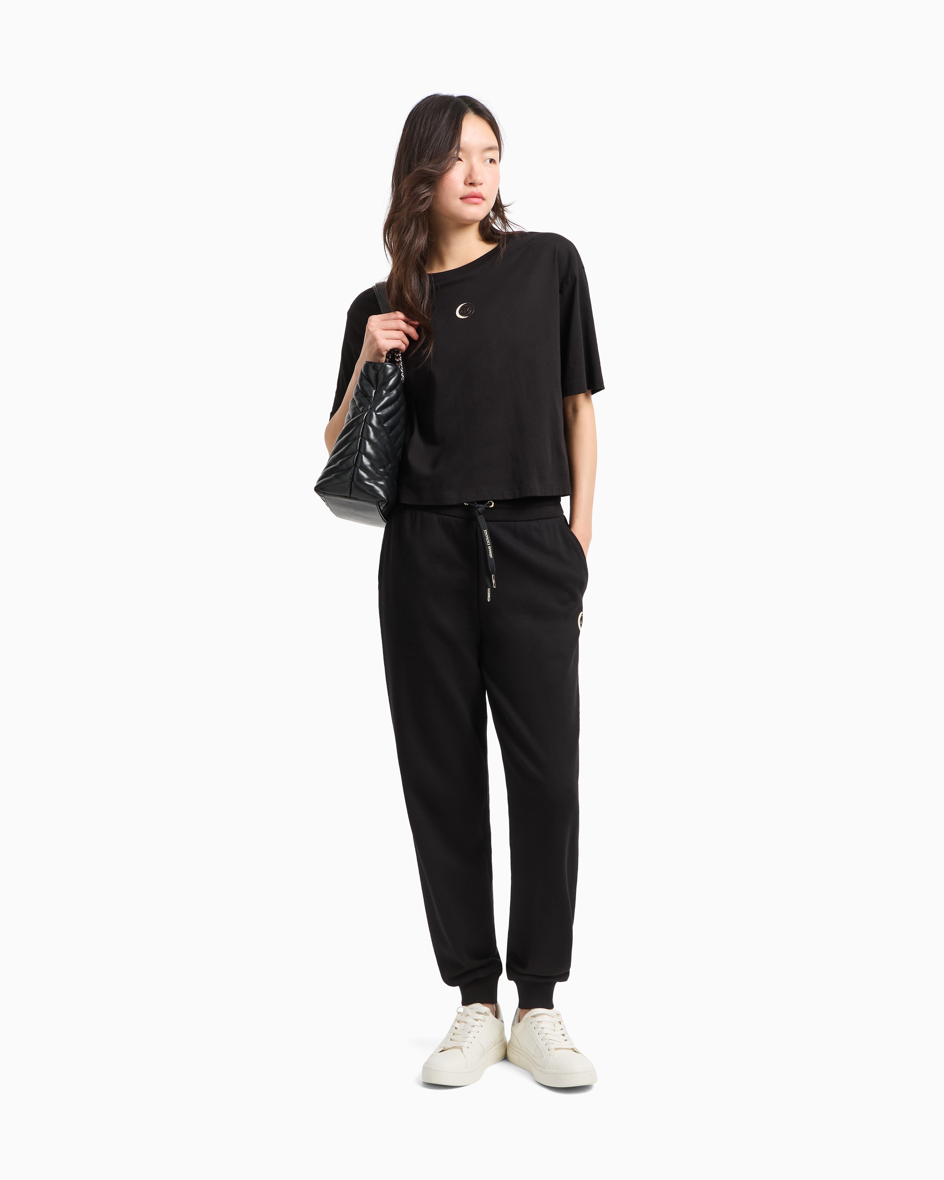 Cropped jersey T-shirt with metal logo