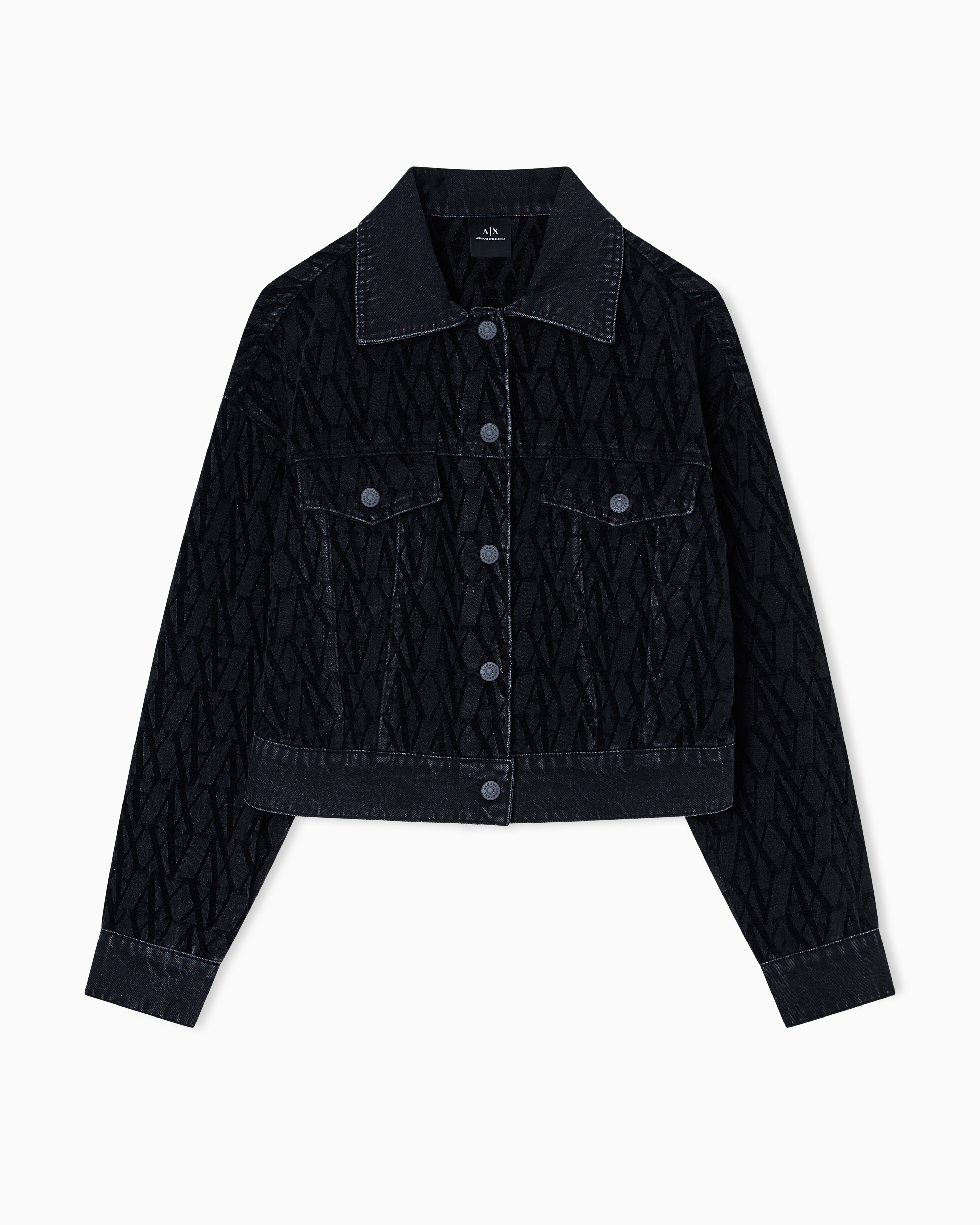 Armani Exchange - TONE ON CROPPED ALL OVER LOGO DENIM JACKET, Woman, Black, Size: