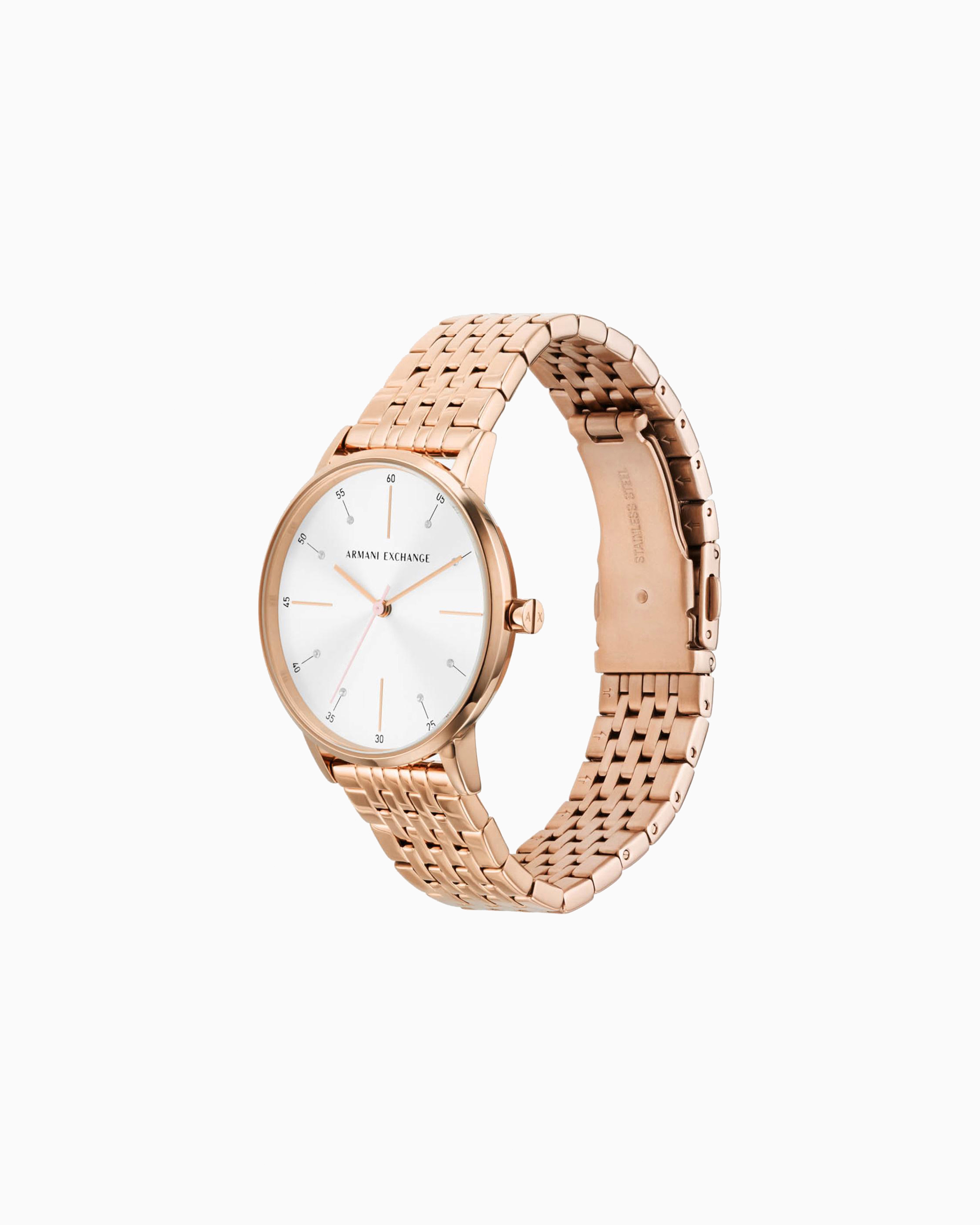 Three-hand watch and necklace set in rose gold-tone stainless steel