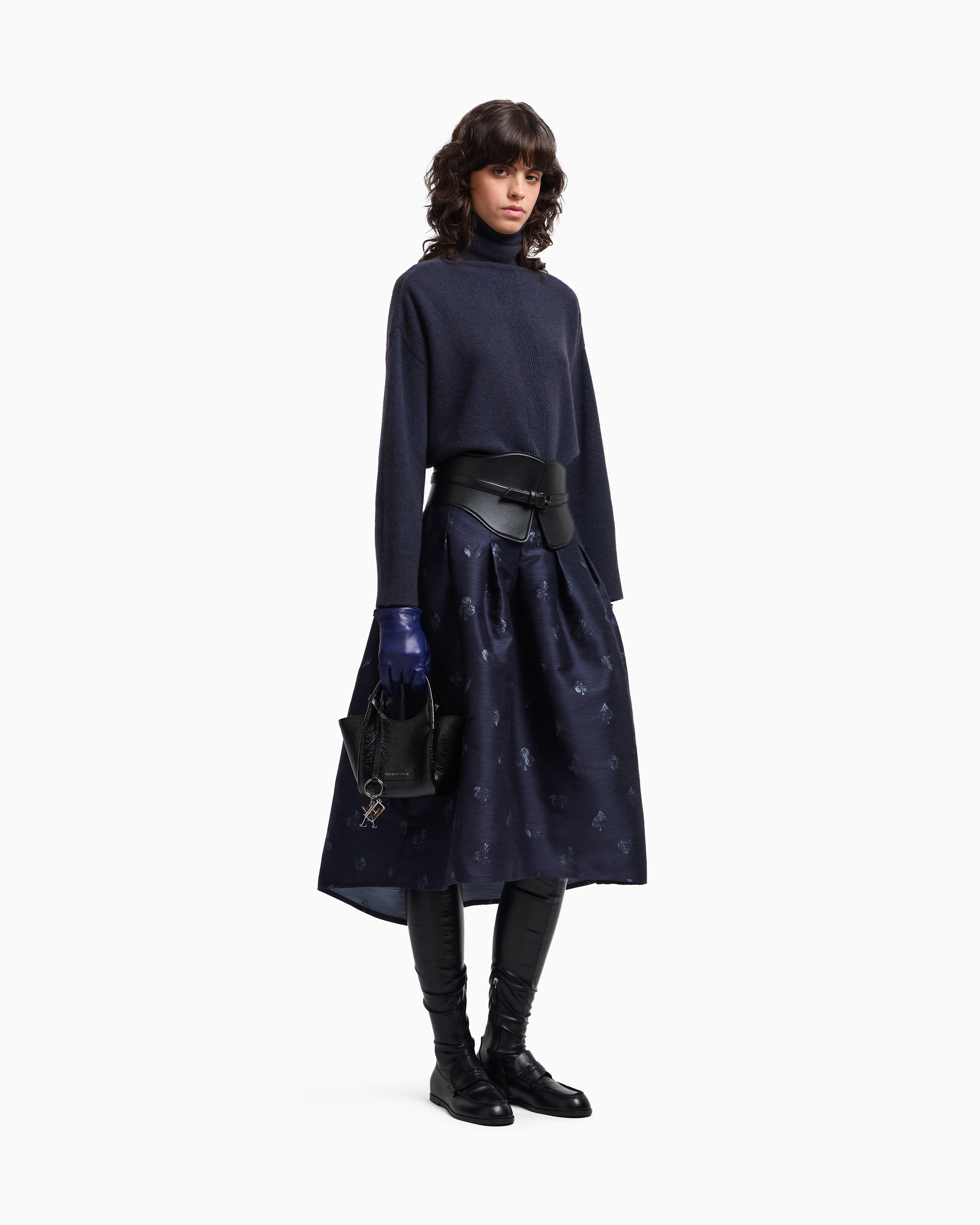 Emporio Armani - Jeu de Cartes motif wool-blend jacquard skirt with godet pleats, Woman, Blue, Size: 36