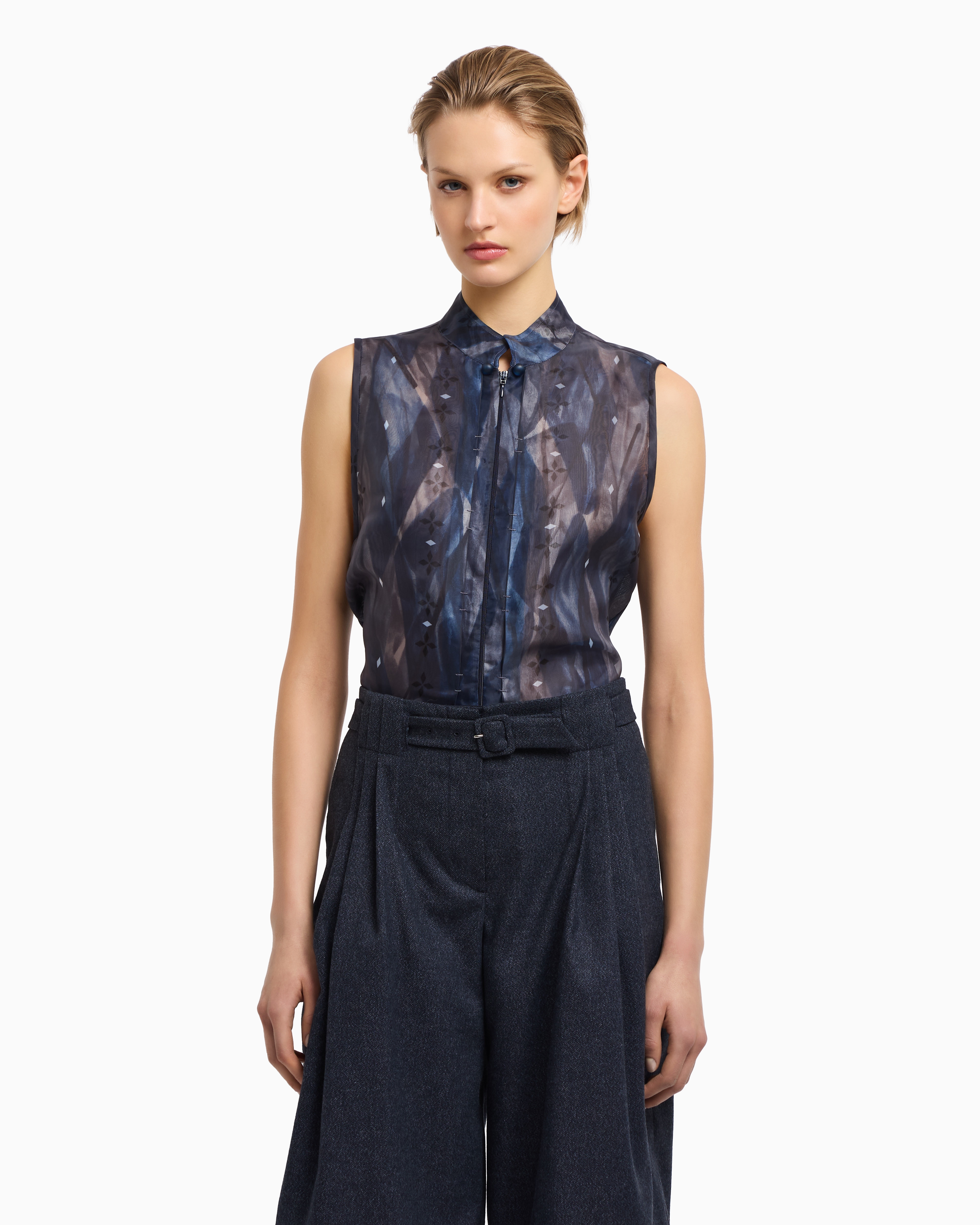 Emporio Armani - Jeu de Cartes technical organza sleeveless top, Woman, Patterned, Size: