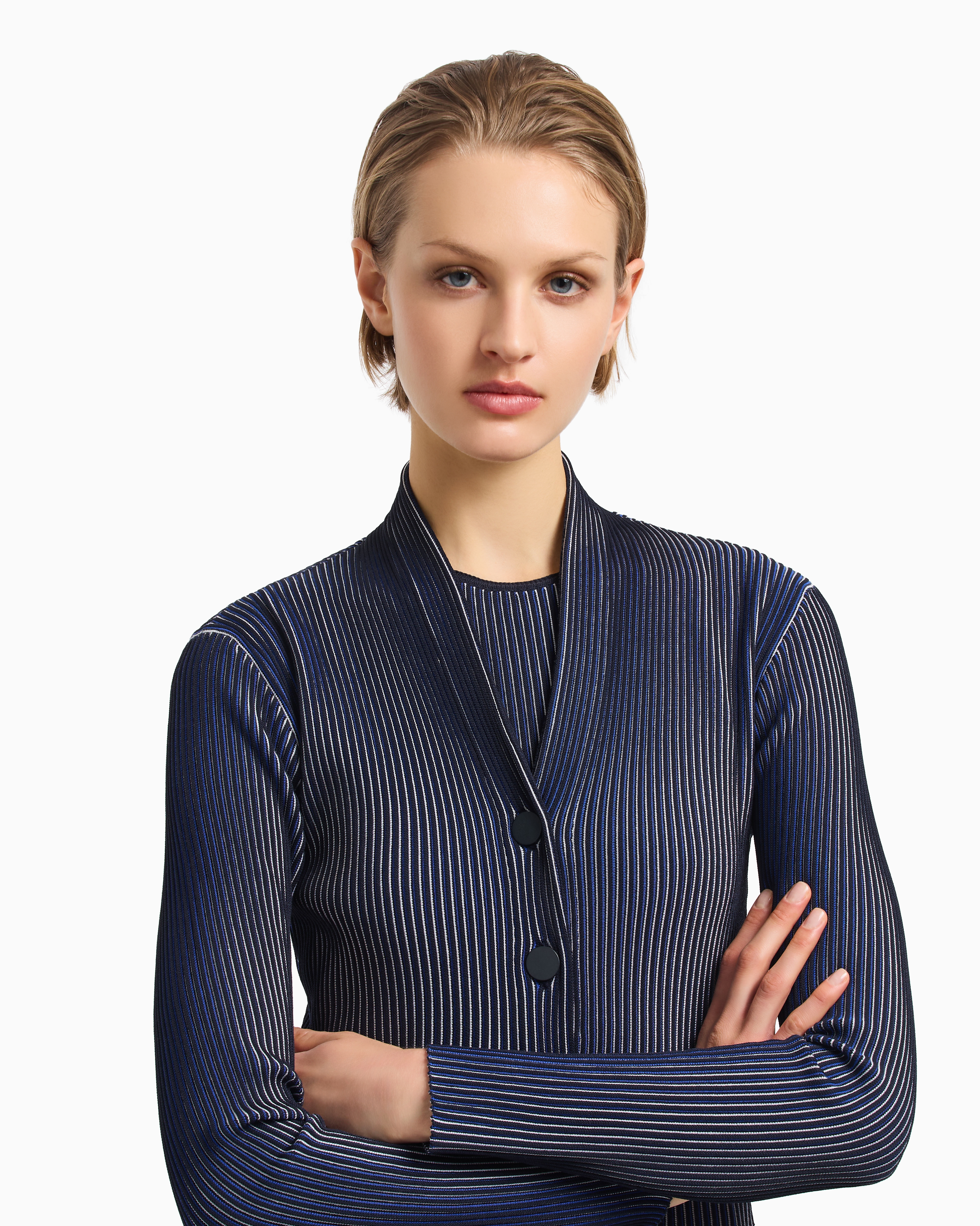 Emporio Armani - Plated-effect KFB fabric cardigan, Woman, Black, Size: