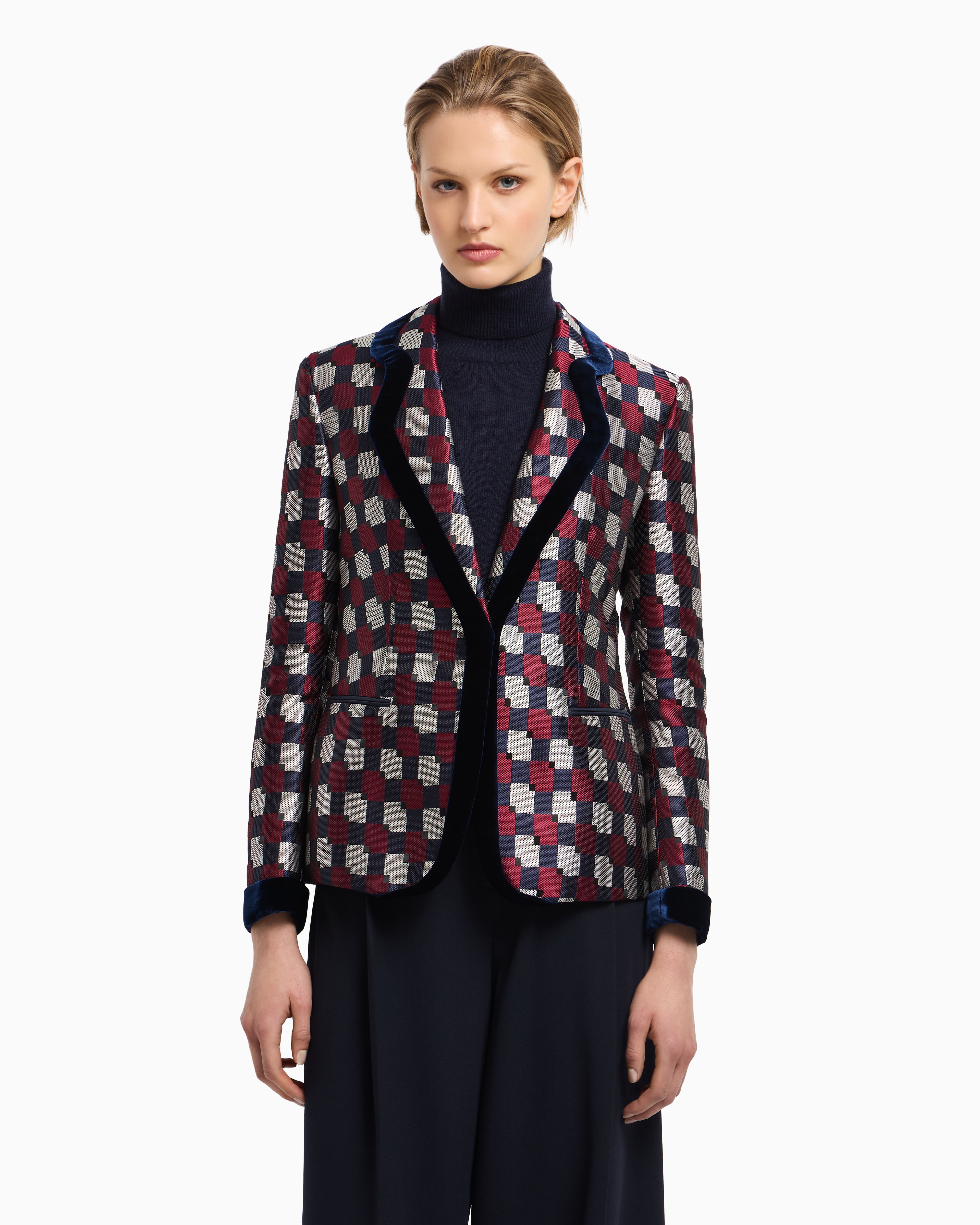 Emporio Armani - Geometric jacquard blazer with velvet details, Woman, Patterned, Size: