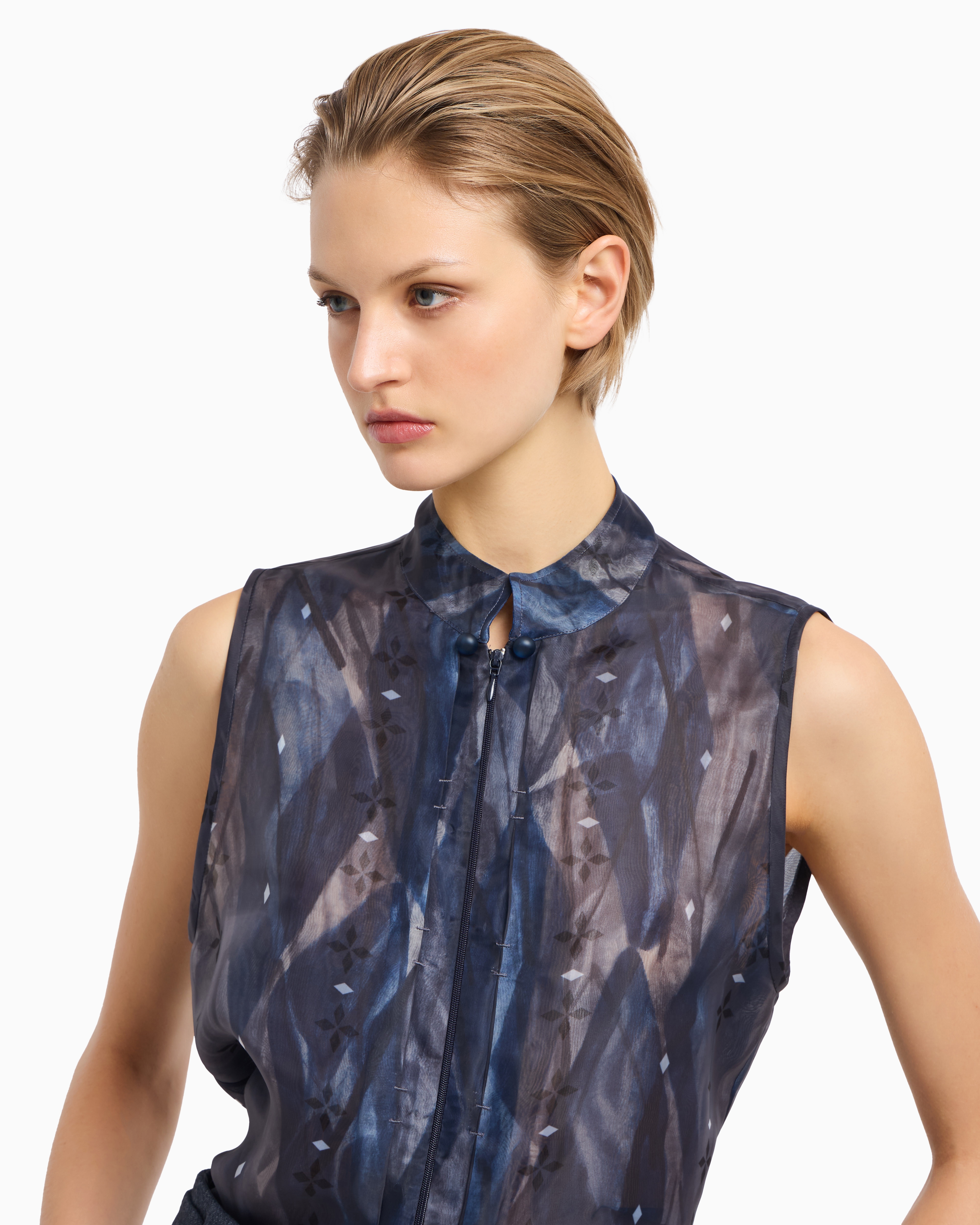 Emporio Armani - Jeu de Cartes technical organza sleeveless top, Woman, Patterned, Size: