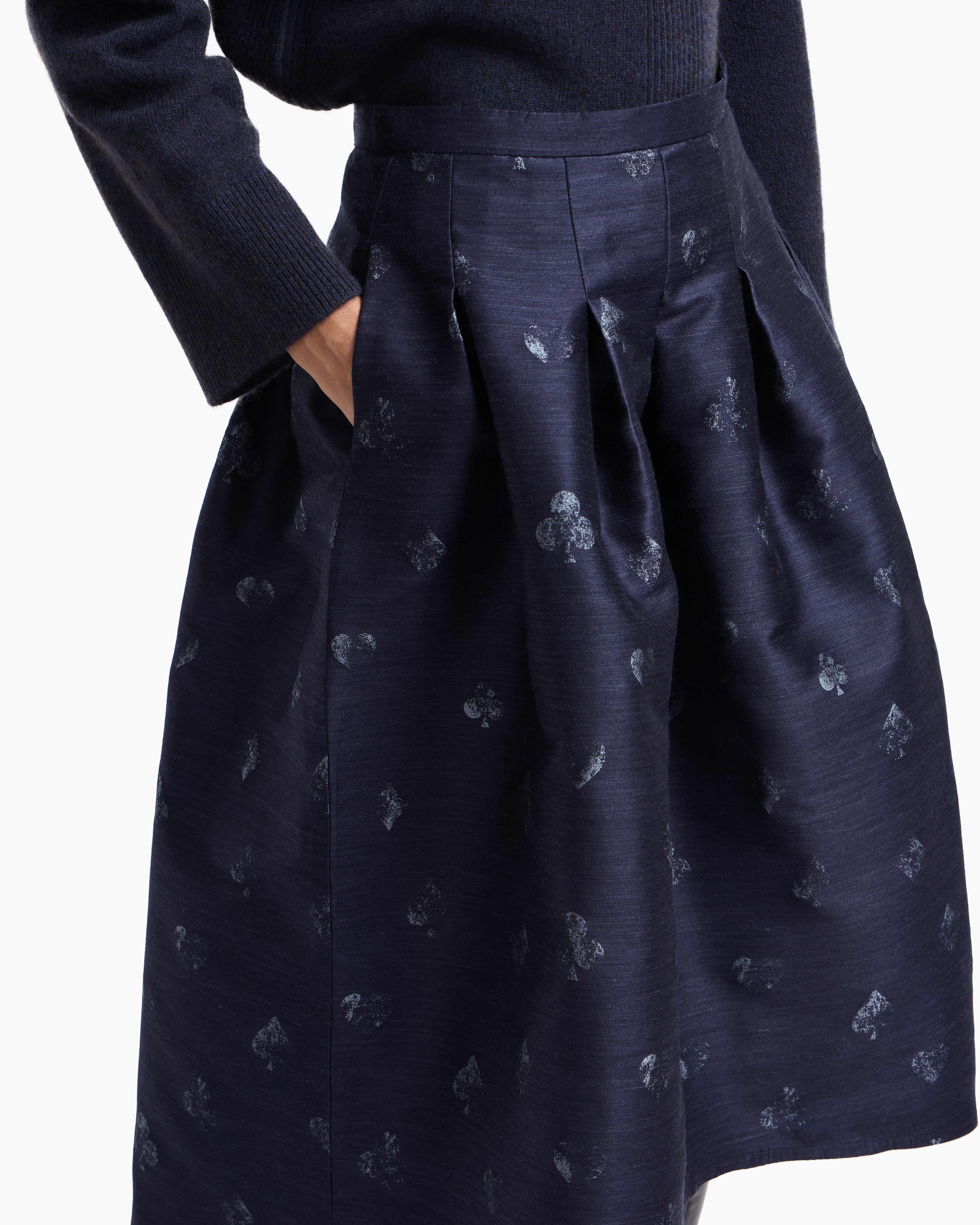 Emporio Armani - Jeu de Cartes motif wool-blend jacquard skirt with godet pleats, Woman, Blue, Size: 36