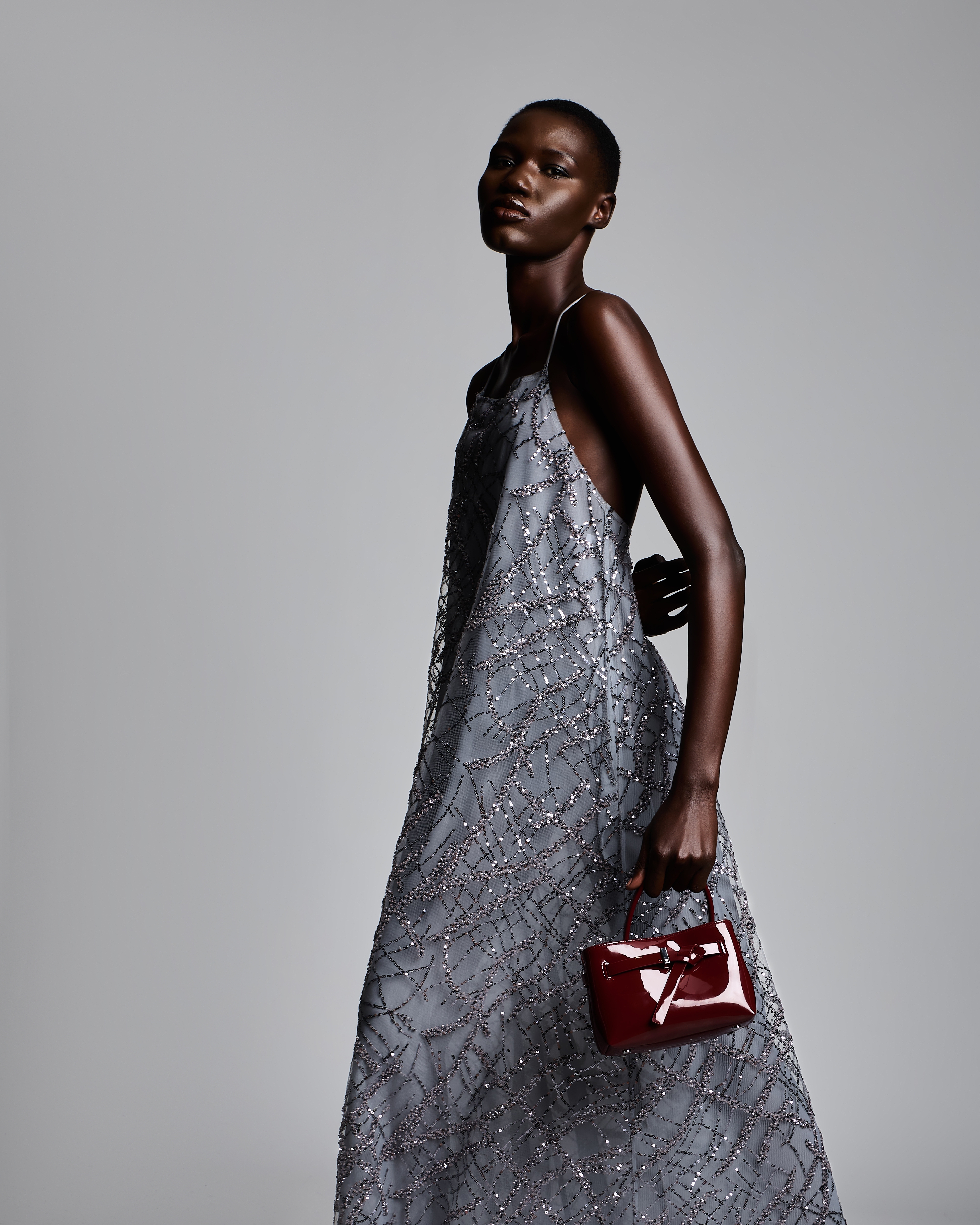 Emporio Armani - Long tulle dress with all-over micro-sequin and jet embroidery, Woman, Grey, Size: