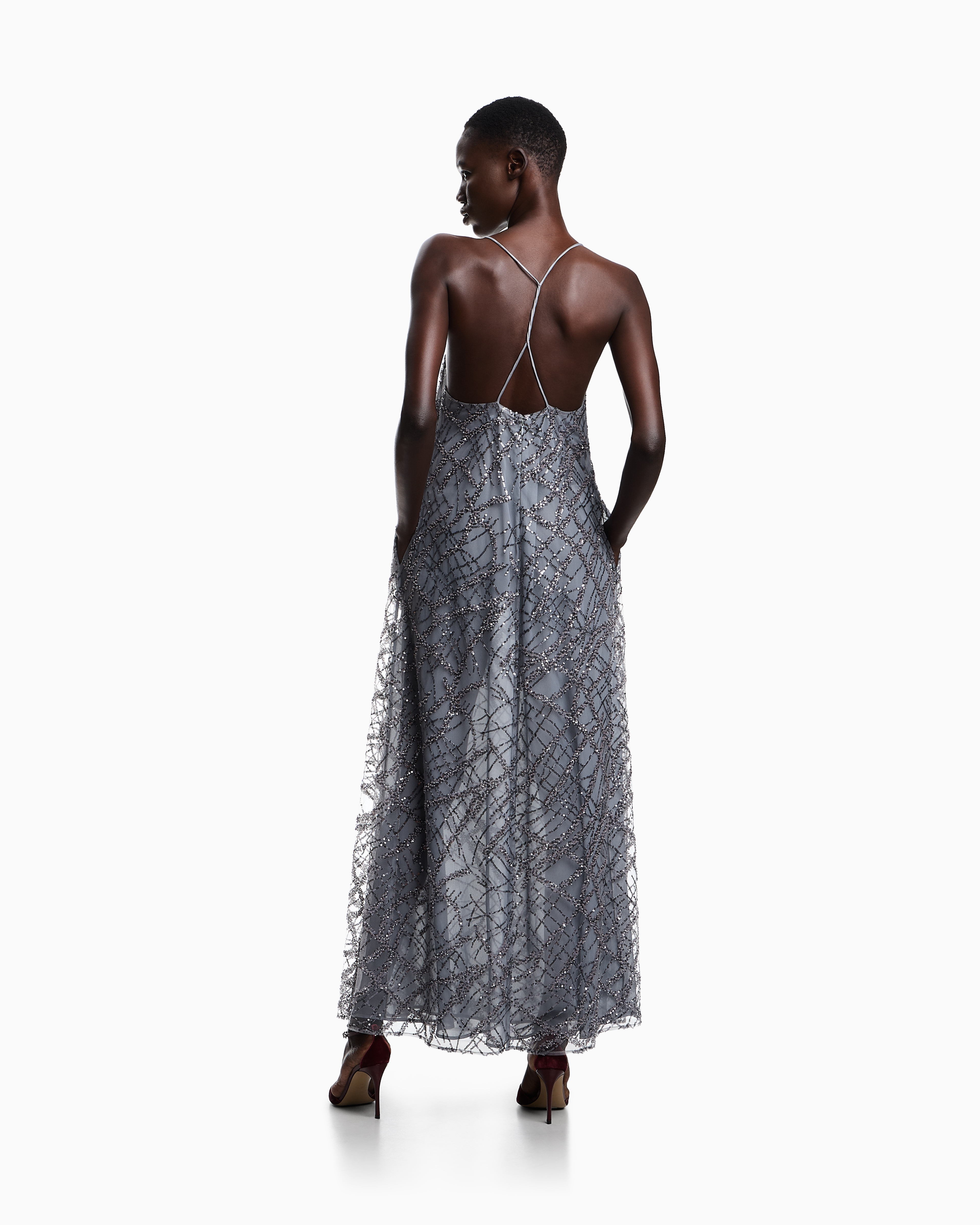 Emporio Armani - Long tulle dress with all-over micro-sequin and jet embroidery, Woman, Grey, Size: