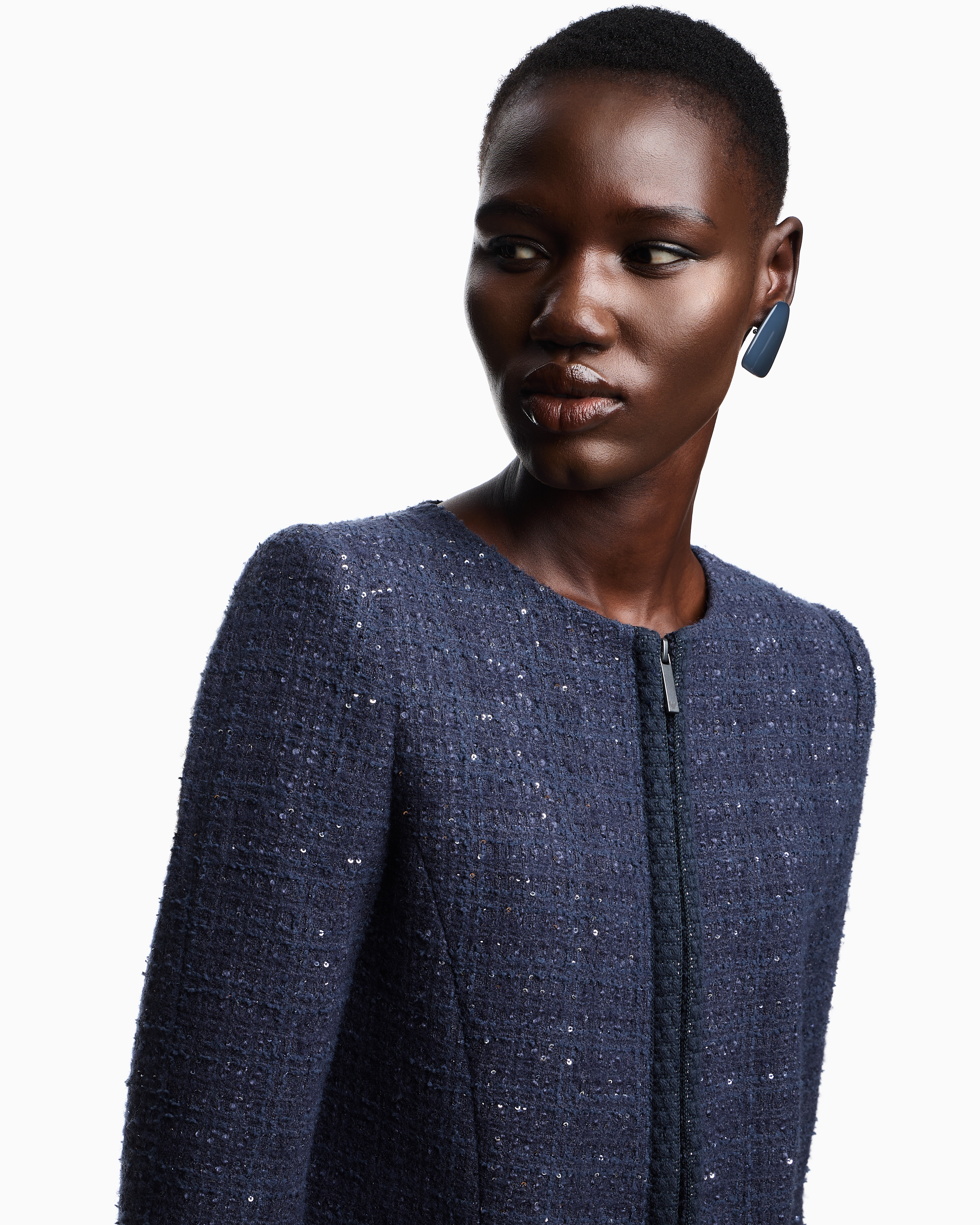 Emporio Armani - Lurex tweed zip-up jacket with micro sequins, Woman, Blue, Size: