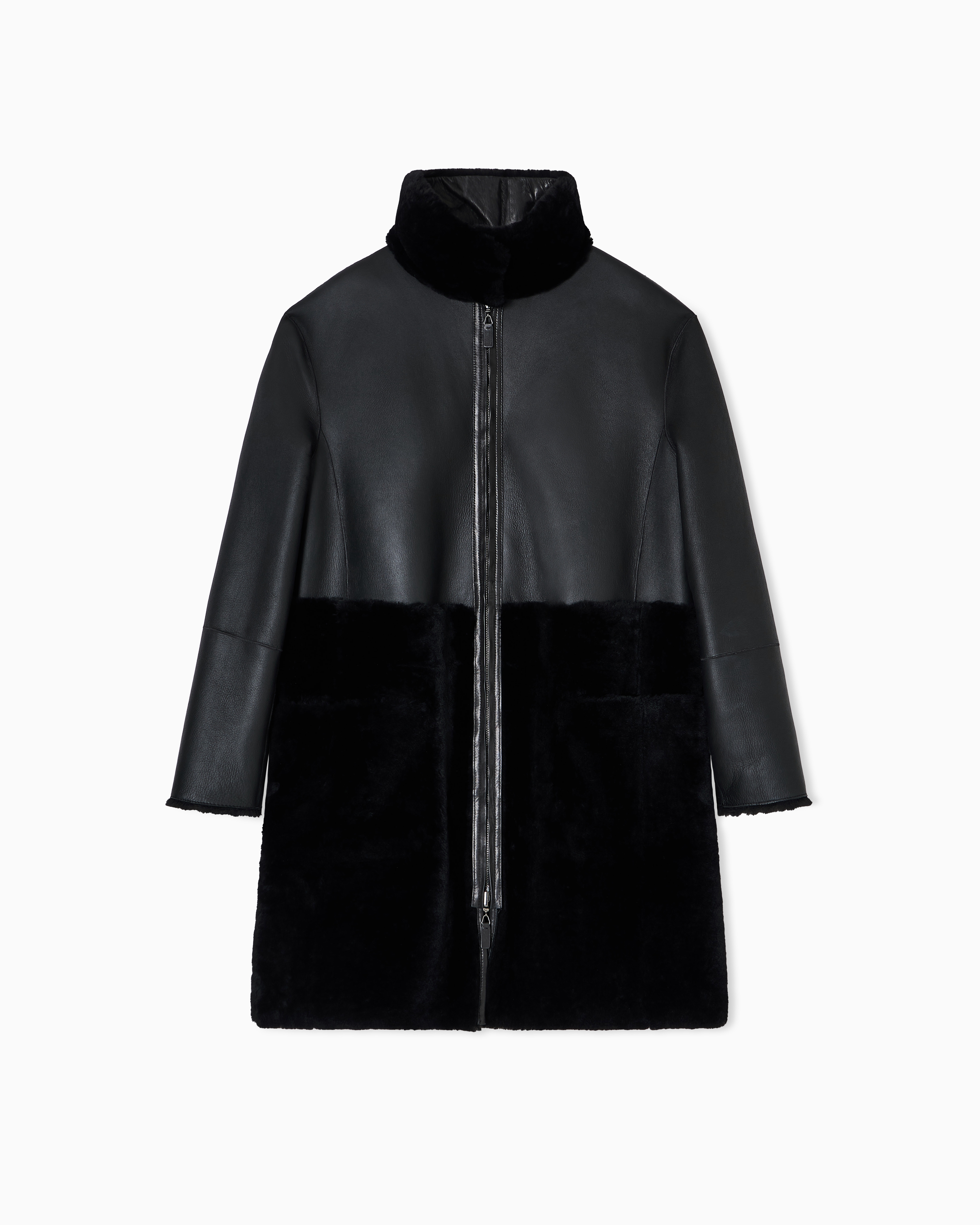 Emporio Armani - ASV reversible coat Spanish merino shearling lambskin, Woman, Black, Size: